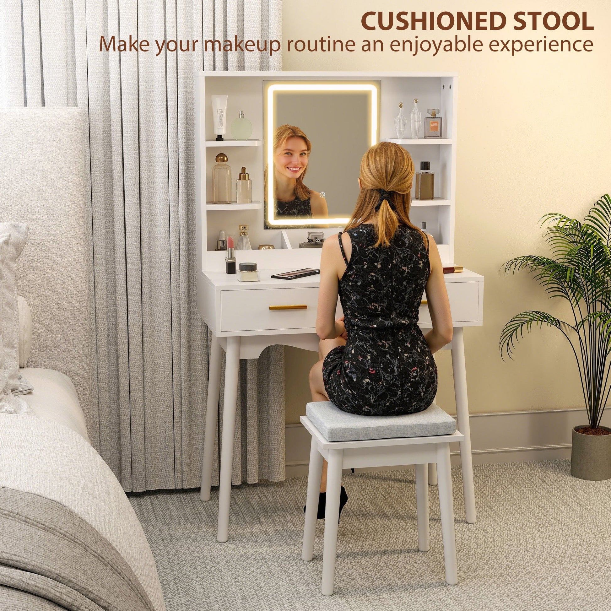 HOMCOM Elegant Dressing Table, with LED Mirror - White | Luxury Home Accessories | Heulog Glow