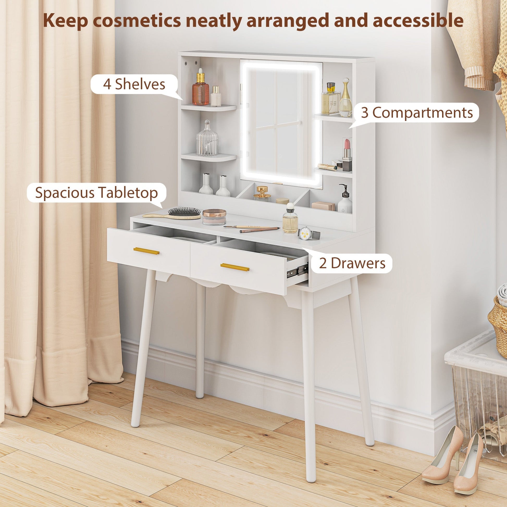 HOMCOM Elegant Dressing Table, with LED Mirror - White | Luxury Home Accessories | Heulog Glow