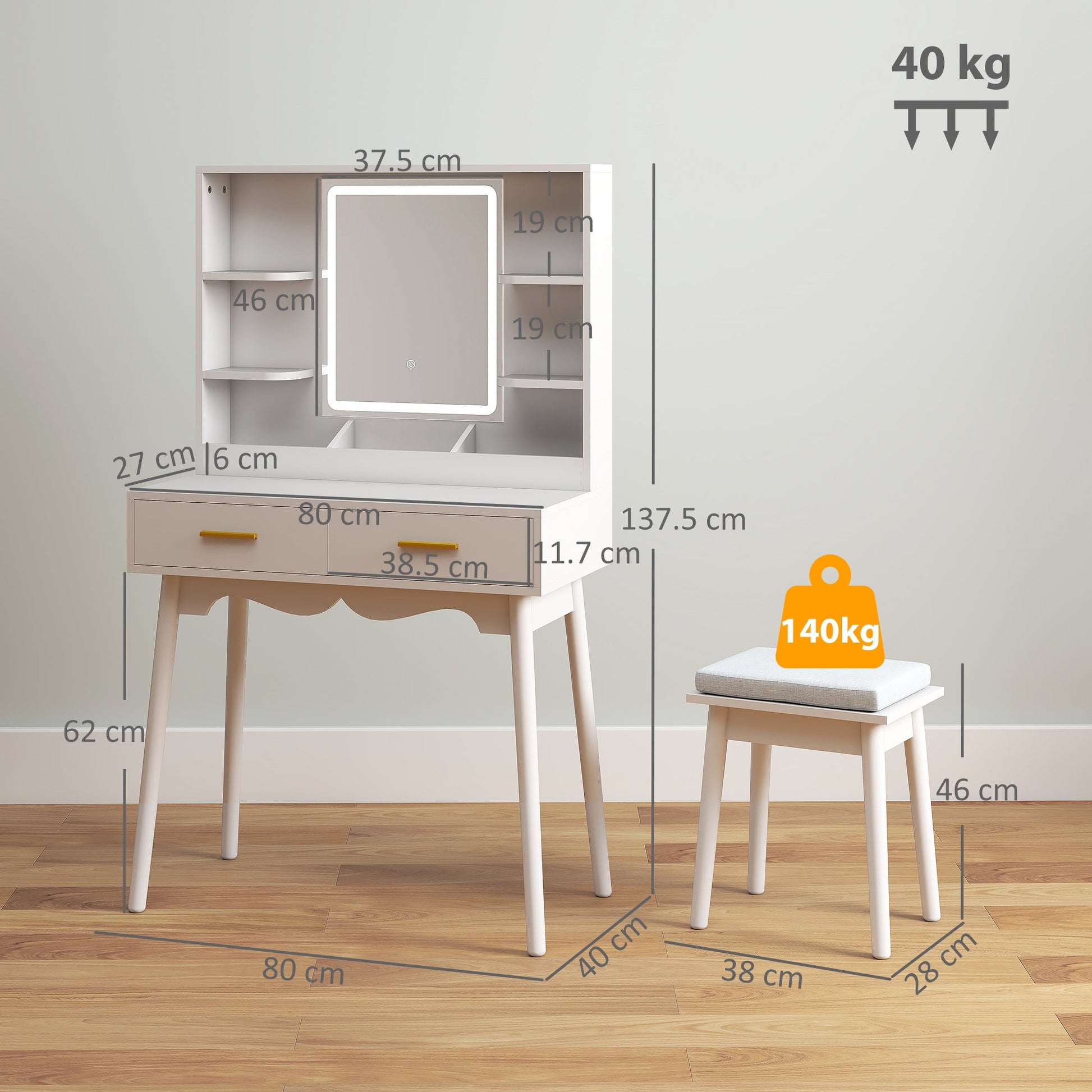 HOMCOM Elegant Dressing Table, with LED Mirror - White | Luxury Home Accessories | Heulog Glow