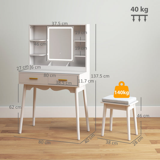 HOMCOM Elegant Dressing Table, with LED Mirror - White | Luxury Home Accessories | Heulog Glow