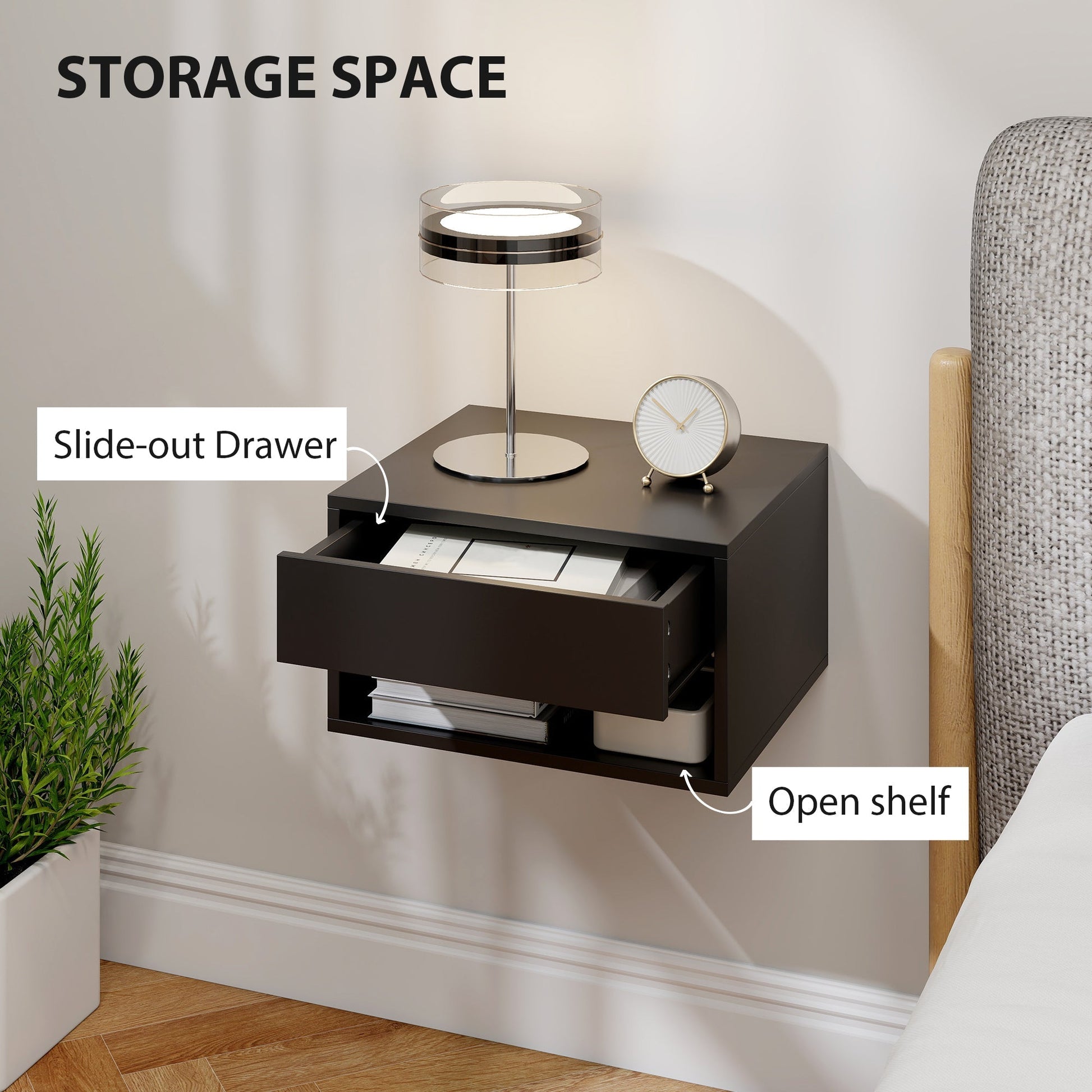HOMCOM Floating Bedside Tables Set of 2, Wall Mounted Nightstand, Black | Luxury Home Accessories | Heulog Glow