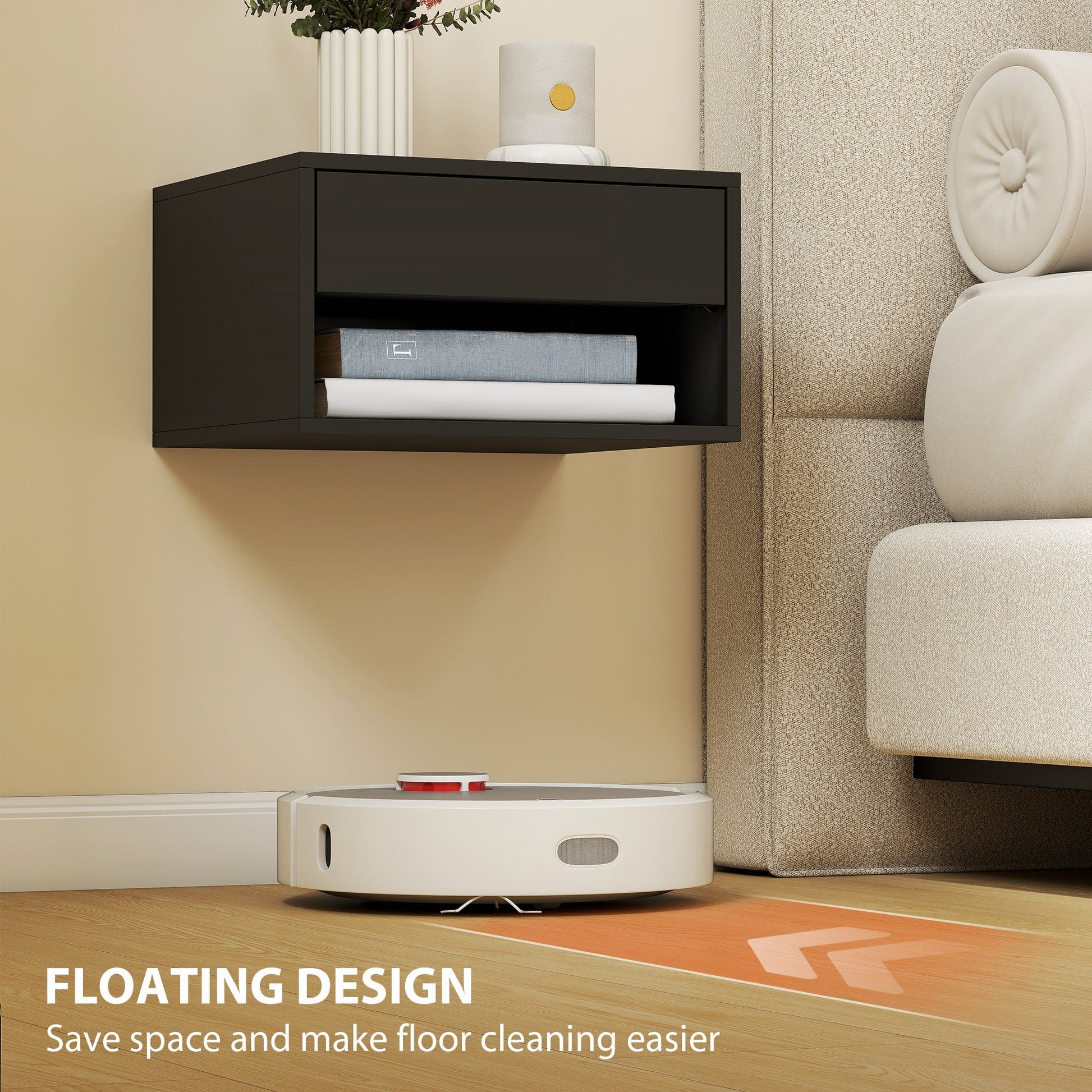 HOMCOM Floating Bedside Tables Set of 2, Wall Mounted Nightstand, Black | Luxury Home Accessories | Heulog Glow