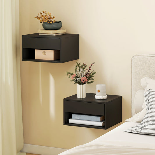HOMCOM Floating Bedside Tables Set of 2, Wall Mounted Nightstand, Black | Luxury Home Accessories | Heulog Glow