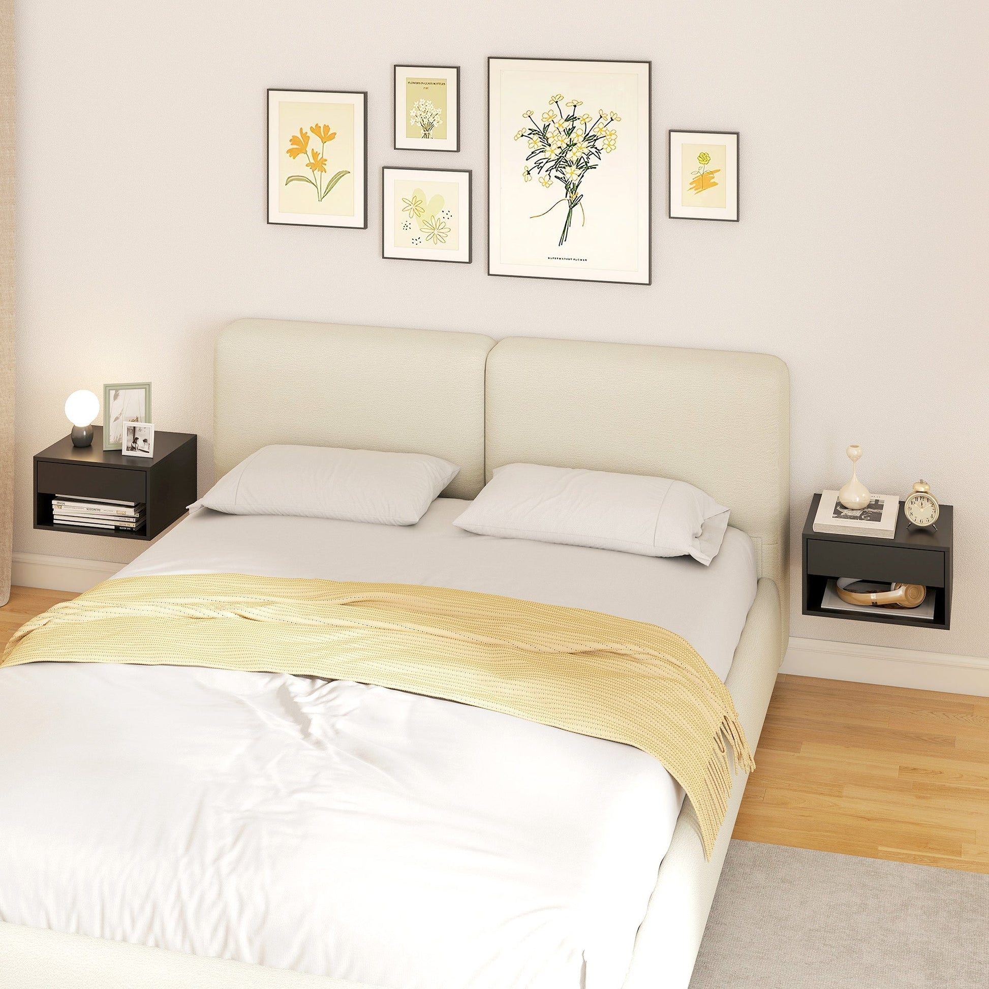 HOMCOM Floating Bedside Tables Set of 2, Wall Mounted Nightstand, Black | Luxury Home Accessories | Heulog Glow