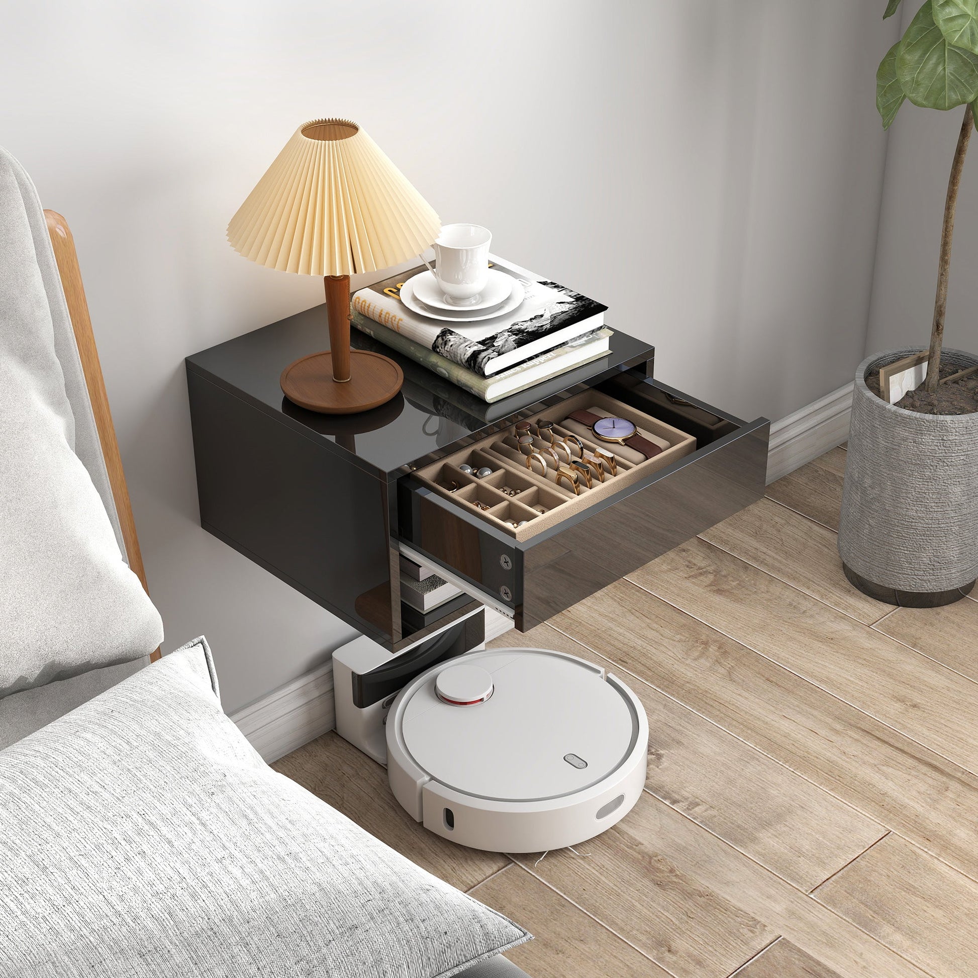 HOMCOM Floating Bedside Tables Set of 2, Wall Mounted Nightstand, High Gloss Black | Luxury Home Accessories | Heulog Glow