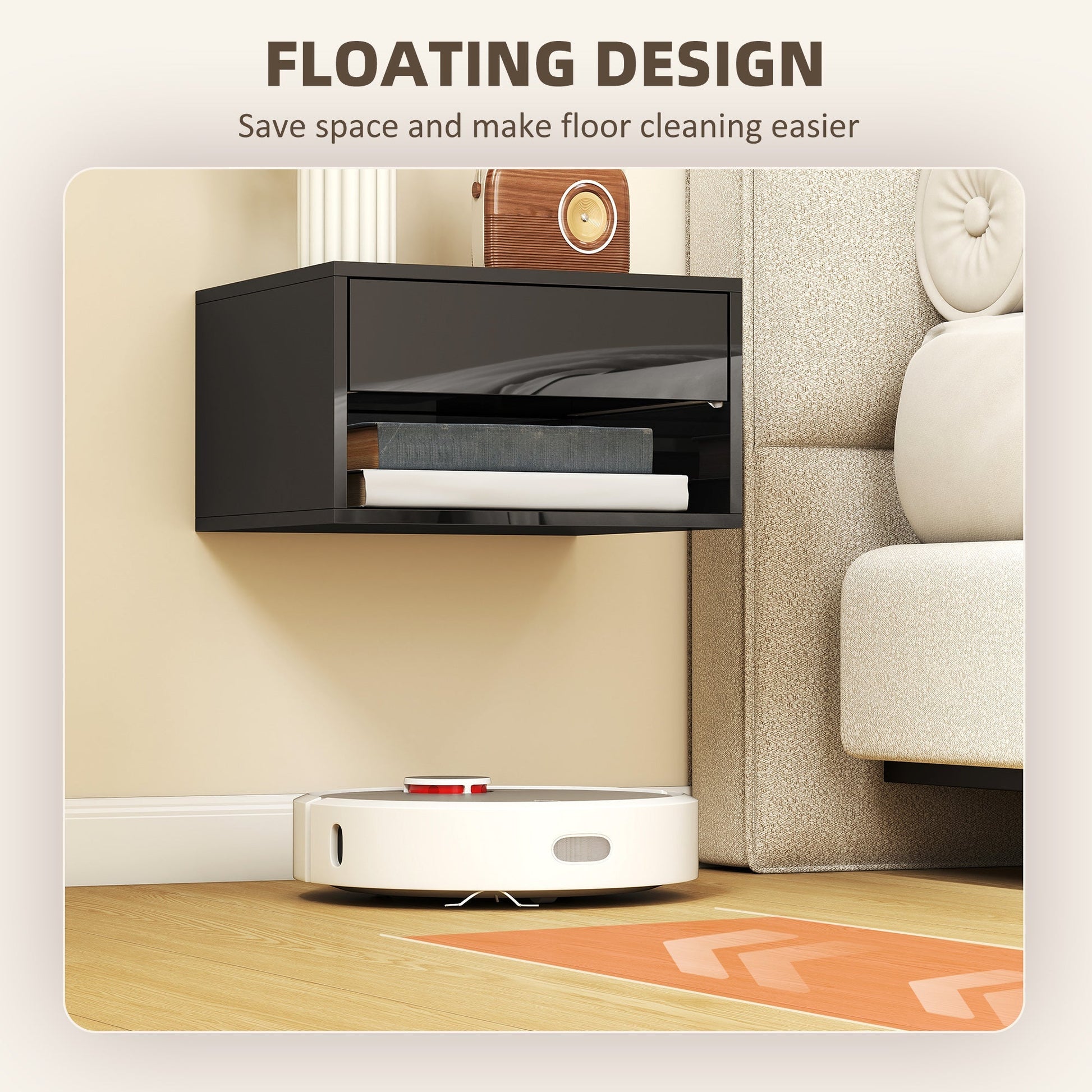 HOMCOM Floating Bedside Tables Set of 2, Wall Mounted Nightstand, High Gloss Black | Luxury Home Accessories | Heulog Glow