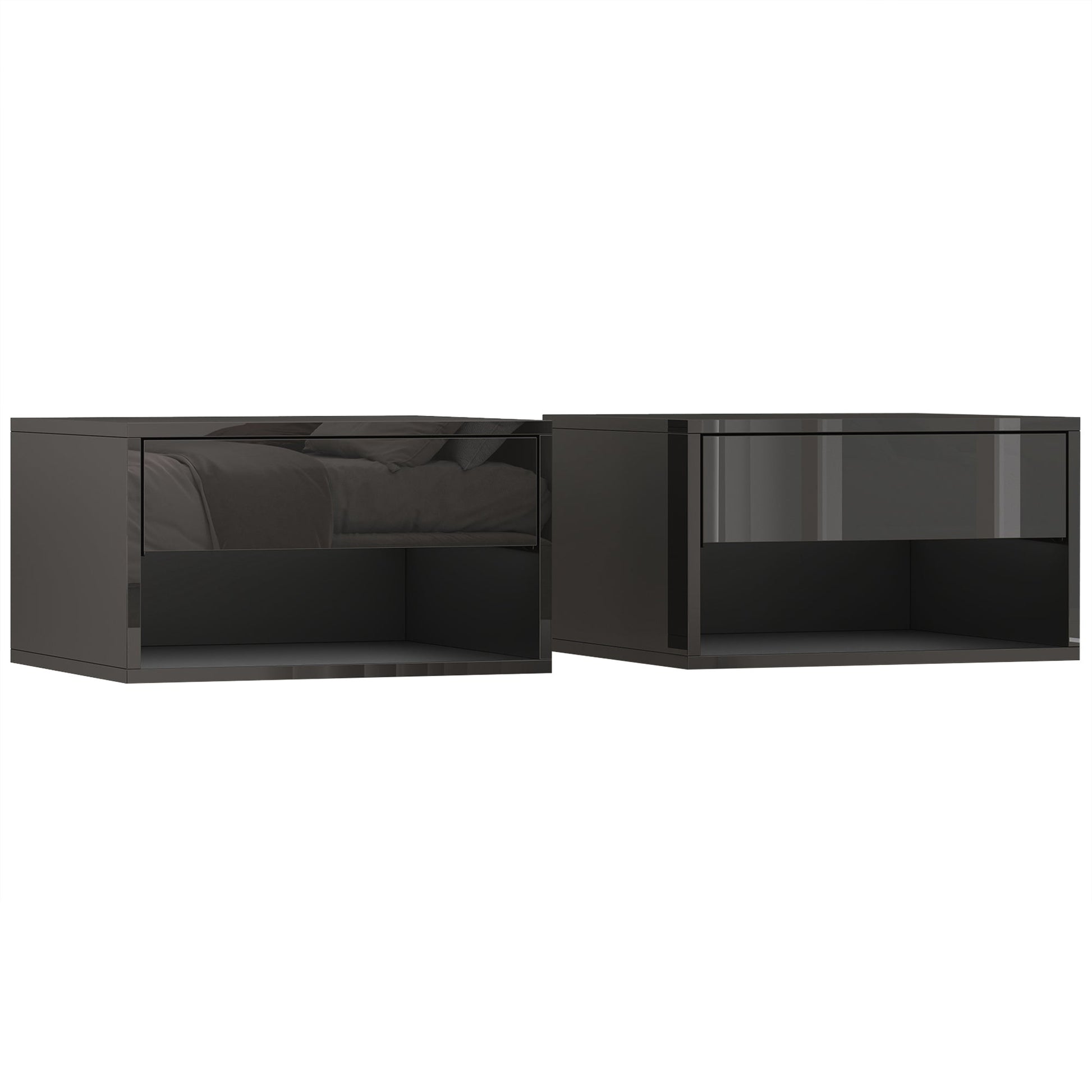 HOMCOM Floating Bedside Tables Set of 2, Wall Mounted Nightstand, High Gloss Black | Luxury Home Accessories | Heulog Glow