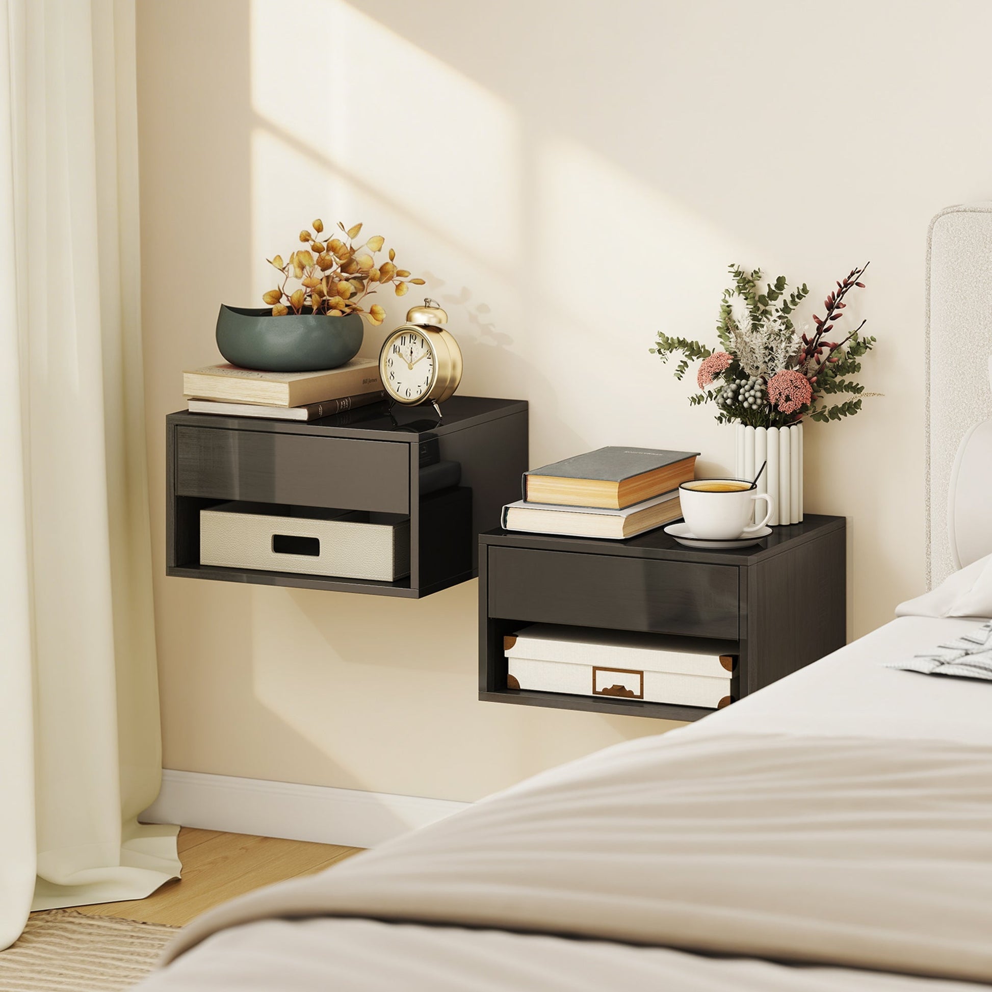 HOMCOM Floating Bedside Tables Set of 2, Wall Mounted Nightstand, High Gloss Black | Luxury Home Accessories | Heulog Glow