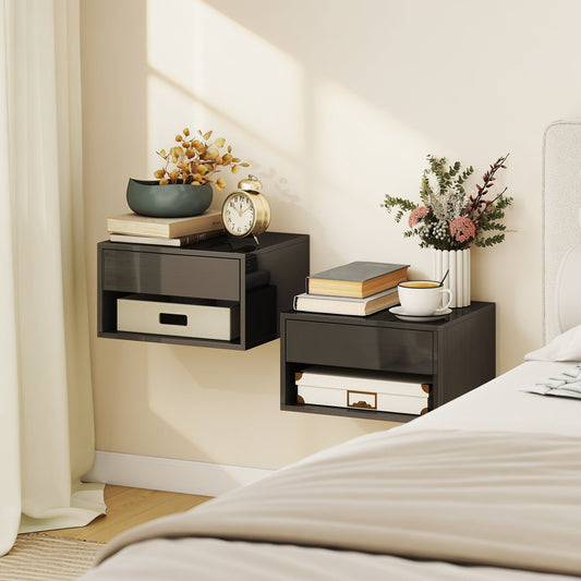 HOMCOM Floating Bedside Tables Set of 2, Wall Mounted Nightstand, High Gloss Black | Luxury Home Accessories | Heulog Glow