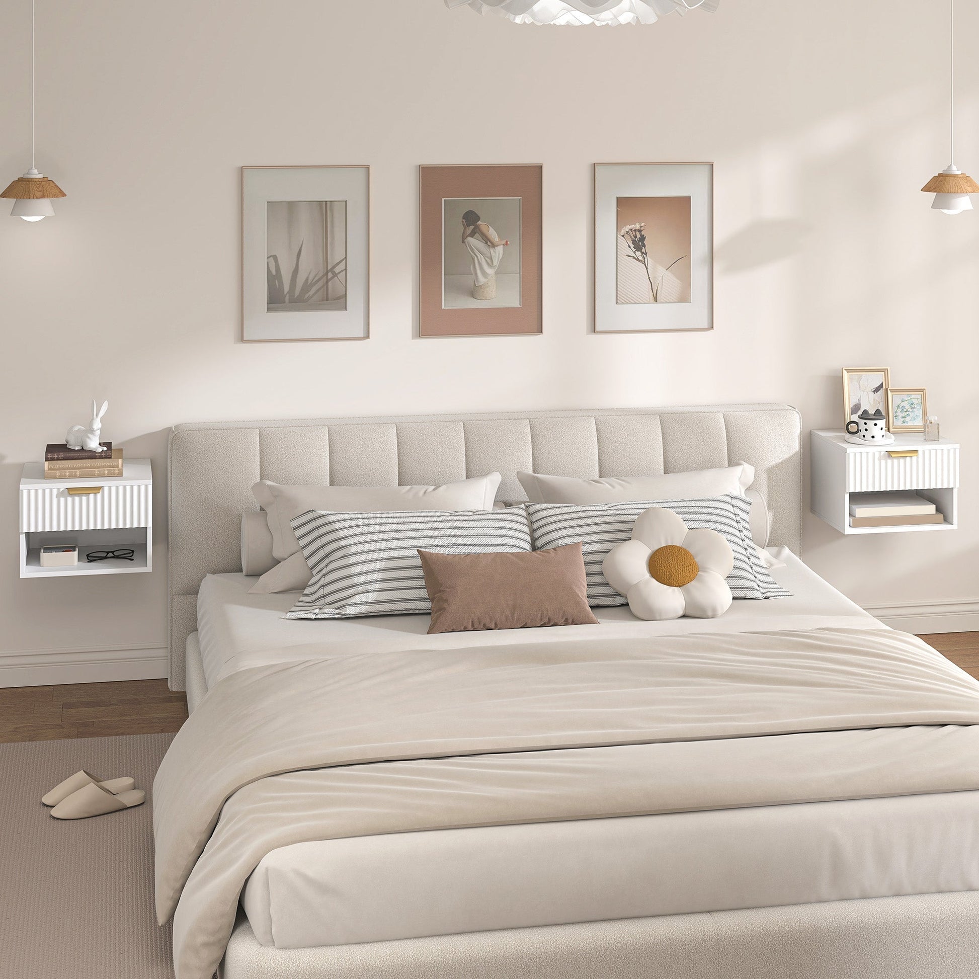 HOMCOM Floating Nightstands Set of 2, Modern Wall Mounted Bedside Tables with Fluted Drawer and Open Shelf for Bedroom, White | Luxury Home Accessories | Heulog Glow