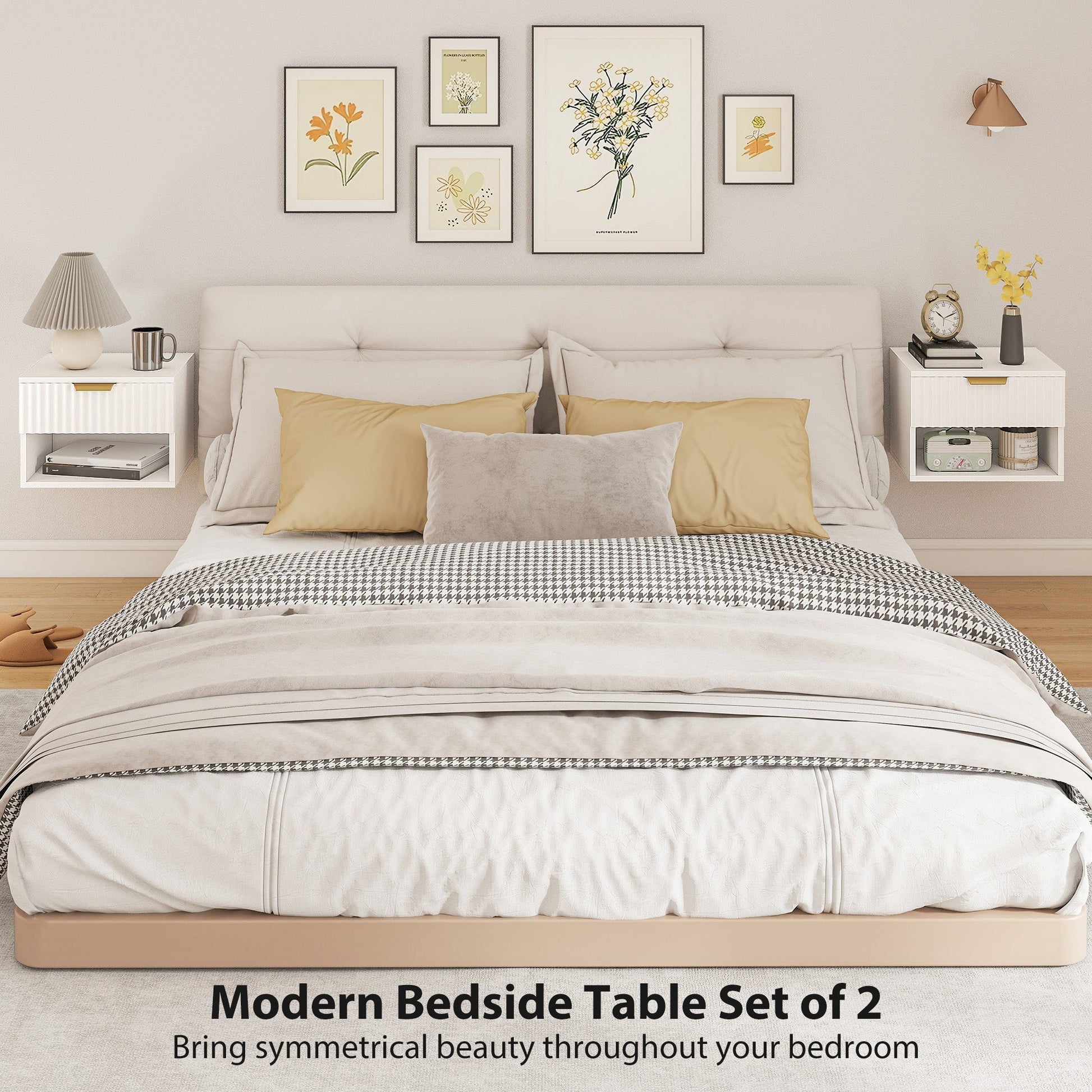 HOMCOM Floating Nightstands Set of 2, Modern Wall Mounted Bedside Tables with Fluted Drawer and Open Shelf for Bedroom, White | Luxury Home Accessories | Heulog Glow
