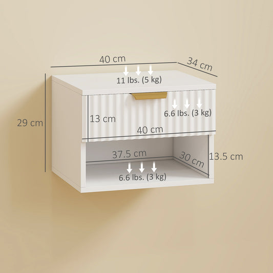 HOMCOM Floating Nightstands Set of 2, Modern Wall Mounted Bedside Tables with Fluted Drawer and Open Shelf for Bedroom, White | Luxury Home Accessories | Heulog Glow