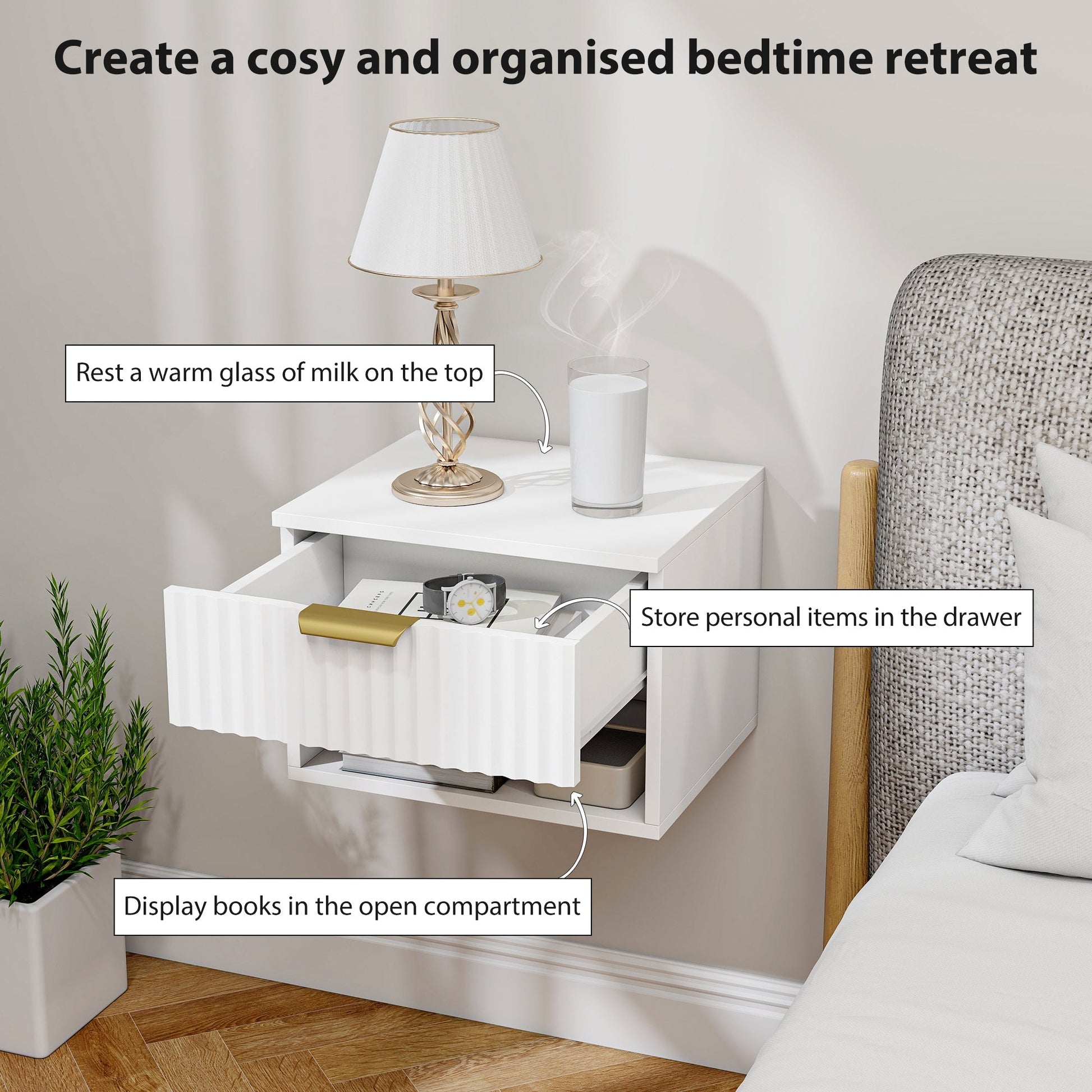HOMCOM Floating Nightstands Set of 2, Modern Wall Mounted Bedside Tables with Fluted Drawer and Open Shelf for Bedroom, White | Luxury Home Accessories | Heulog Glow