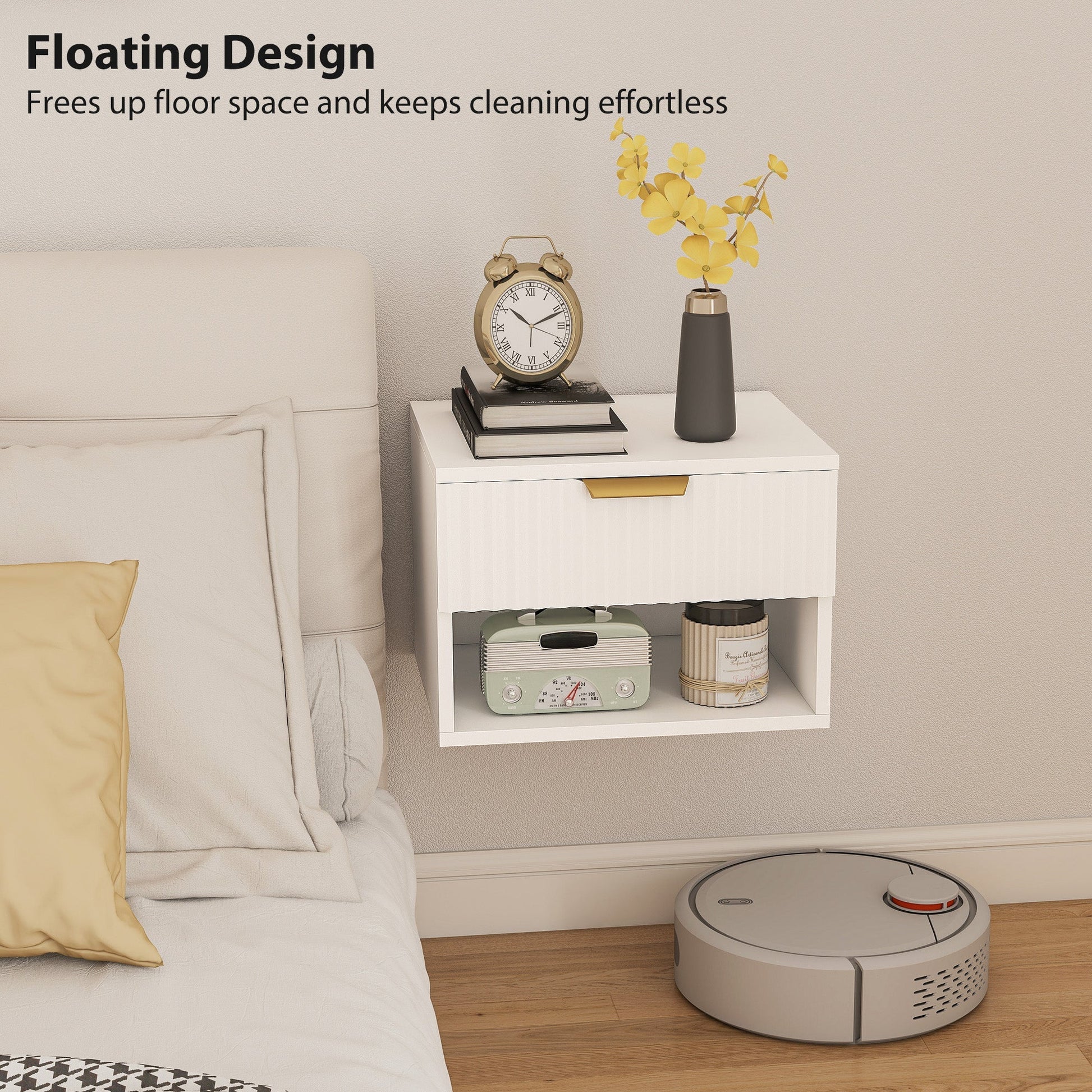 HOMCOM Floating Nightstands Set of 2, Modern Wall Mounted Bedside Tables with Fluted Drawer and Open Shelf for Bedroom, White | Luxury Home Accessories | Heulog Glow