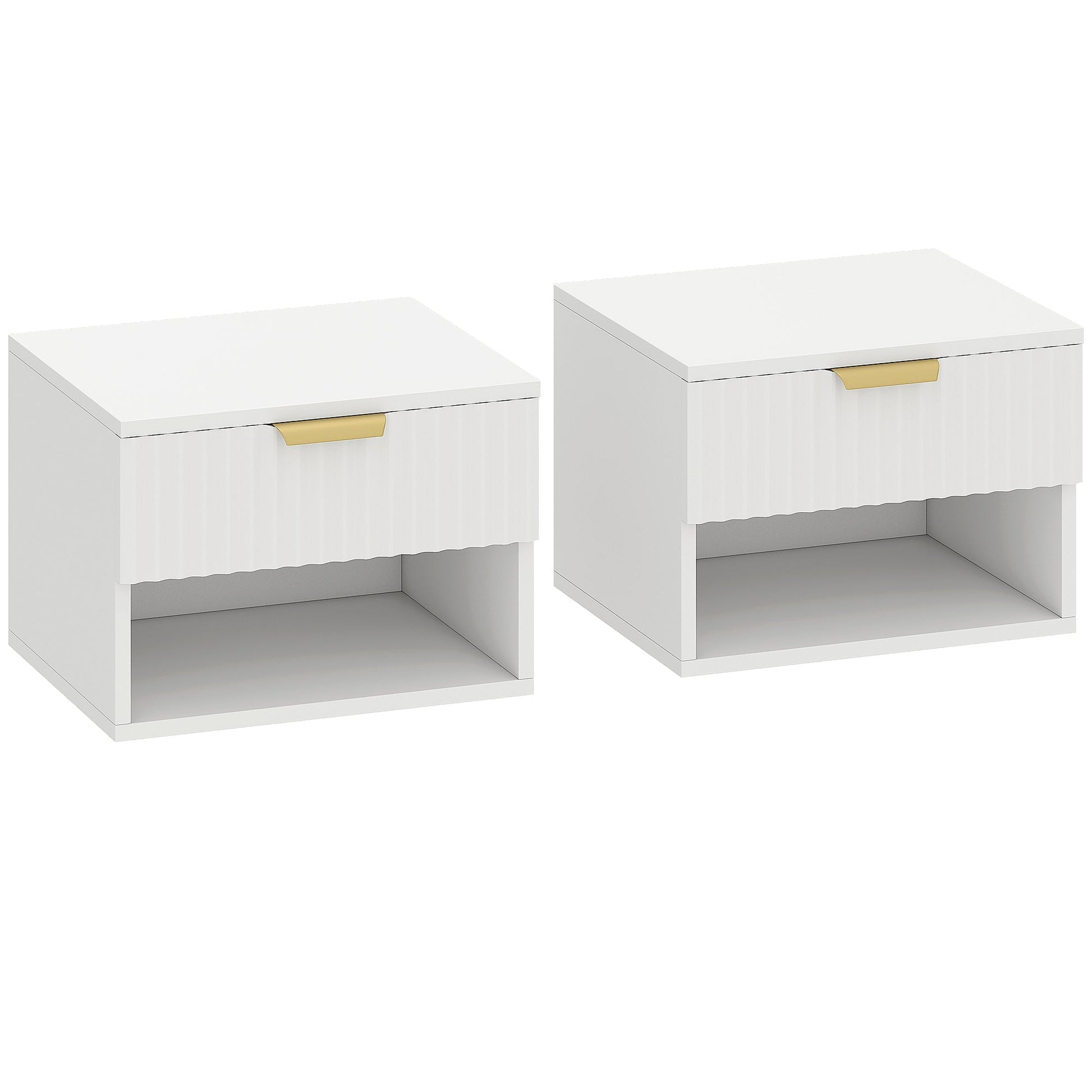 HOMCOM Floating Nightstands Set of 2, Modern Wall Mounted Bedside Tables with Fluted Drawer and Open Shelf for Bedroom, White | Luxury Home Accessories | Heulog Glow