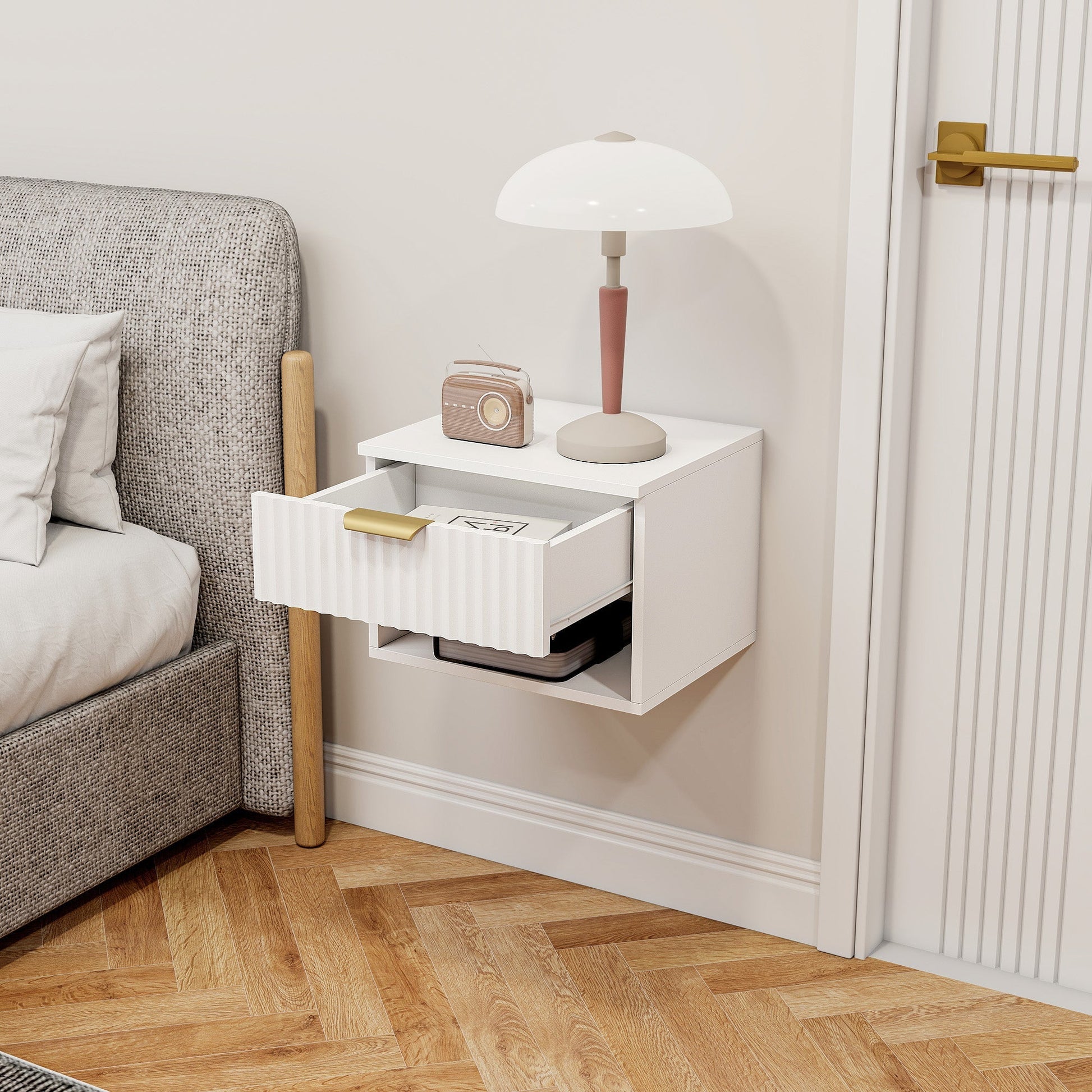 HOMCOM Floating Nightstands Set of 2, Modern Wall Mounted Bedside Tables with Fluted Drawer and Open Shelf for Bedroom, White | Luxury Home Accessories | Heulog Glow