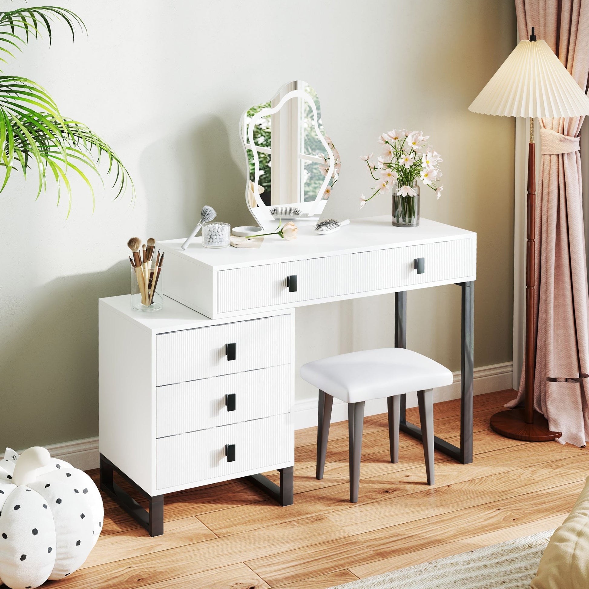 HOMCOM LED Lighted Dressing Table with Leaf Shape Mirror, Modern Vanity Desk with 5 Drawers, Makeup Desk with Fluted Panels, White | Luxury Home Accessories | Heulog Glow