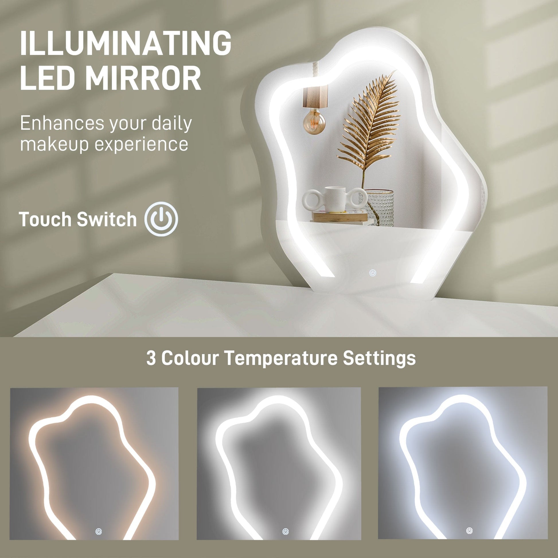 HOMCOM LED Lighted Dressing Table with Leaf Shape Mirror, Modern Vanity Desk with 5 Drawers, Makeup Desk with Fluted Panels, White | Luxury Home Accessories | Heulog Glow