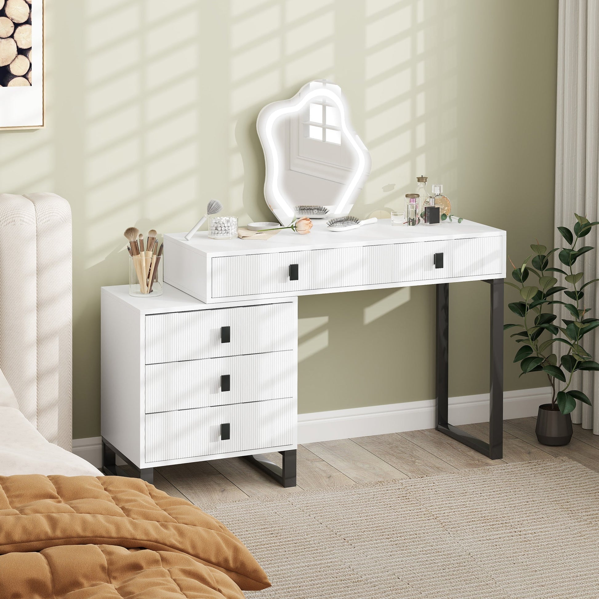 HOMCOM LED Lighted Dressing Table with Leaf Shape Mirror, Modern Vanity Desk with 5 Drawers, Makeup Desk with Fluted Panels, White | Luxury Home Accessories | Heulog Glow