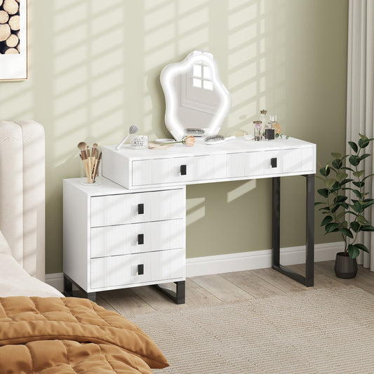 HOMCOM LED Lighted Dressing Table with Leaf Shape Mirror, Modern Vanity Desk with 5 Drawers, Makeup Desk with Fluted Panels, White | Luxury Home Accessories | Heulog Glow