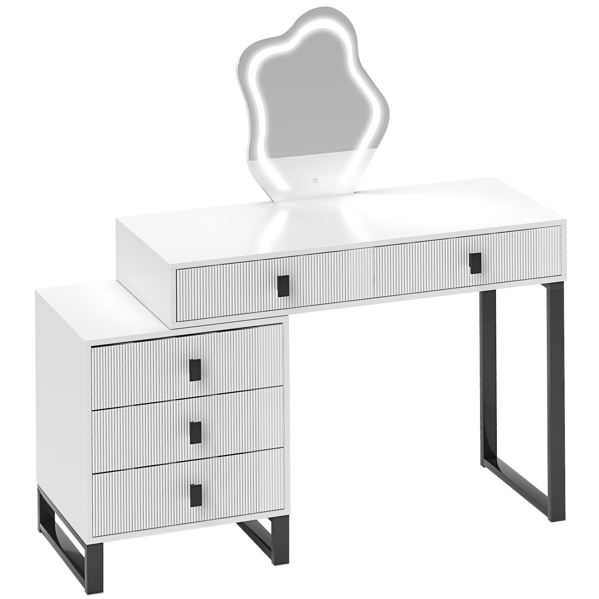 HOMCOM LED Lighted Dressing Table with Leaf Shape Mirror, Modern Vanity Desk with 5 Drawers, Makeup Desk with Fluted Panels, White | Luxury Home Accessories | Heulog Glow