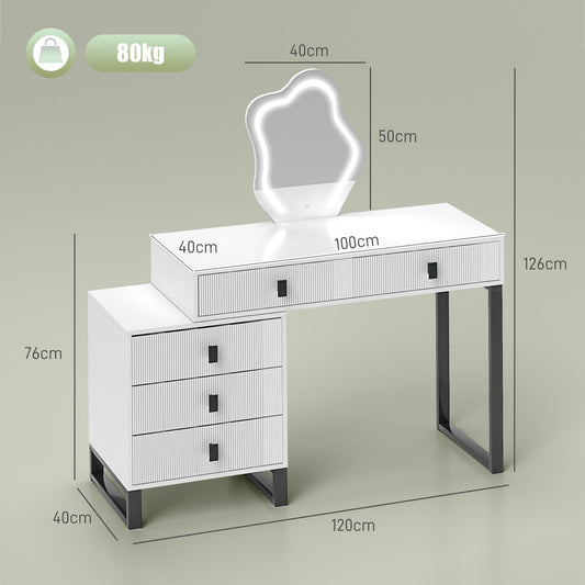 HOMCOM LED Lighted Dressing Table with Leaf Shape Mirror, Modern Vanity Desk with 5 Drawers, Makeup Desk with Fluted Panels, White | Luxury Home Accessories | Heulog Glow