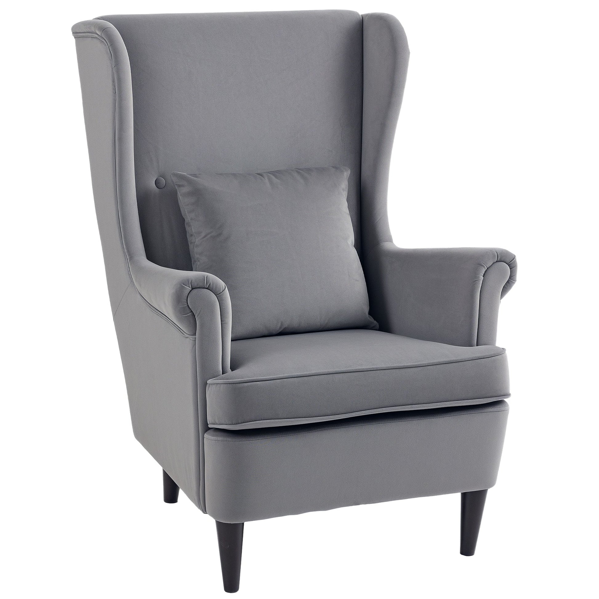 HOMCOM Modern Accent Chair, Upholstered Wingback Armchair with High Backrest and Pillow, Velvet-Feel Fabric Reading Chair with Solid Wood Legs for Living Room, Bedroom, Home Office, Dark Grey | Luxury Home Accessories | Heulog Glow