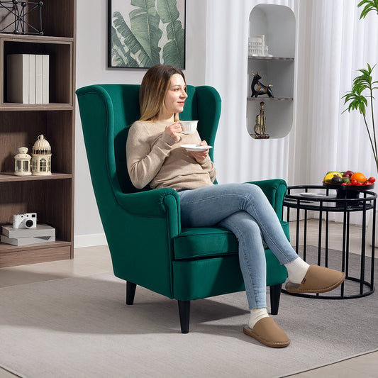 HOMCOM Modern Accent Chair, Upholstered Wingback Armchair with High Backrest and Pillow, Velvet-Feel Fabric Reading Chair with Solid Wood Legs for Living Room, Bedroom, Home Office, Dark Green | Luxury Home Accessories | Heulog Glow