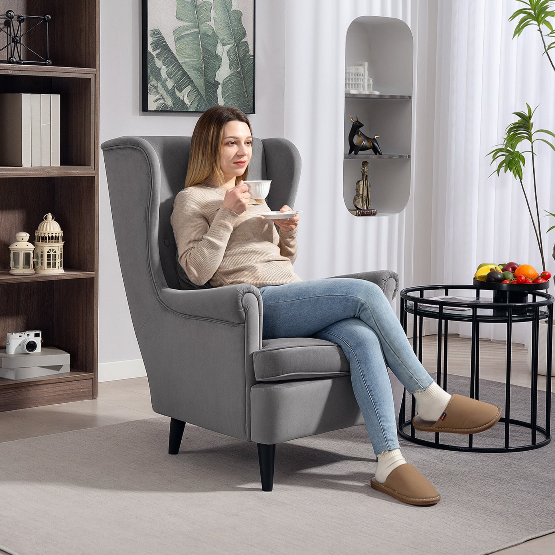 HOMCOM Modern Accent Chair, Upholstered Wingback Armchair with High Backrest and Pillow, Velvet-Feel Fabric Reading Chair with Solid Wood Legs for Living Room, Bedroom, Home Office, Dark Grey | Luxury Home Accessories | Heulog Glow