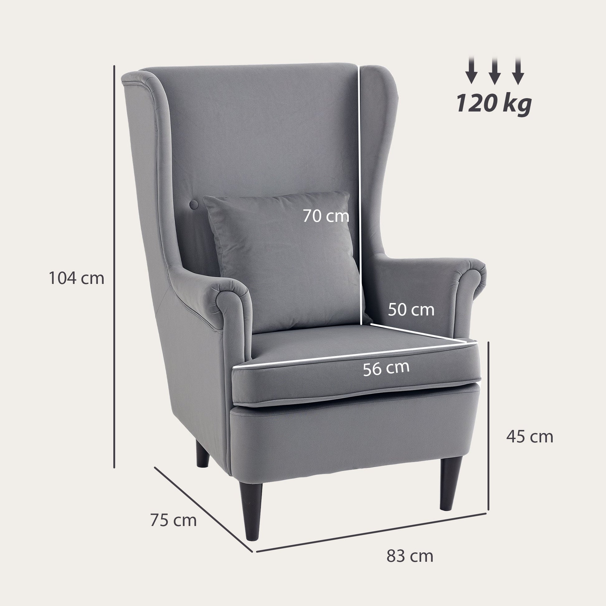 HOMCOM Modern Accent Chair, Upholstered Wingback Armchair with High Backrest and Pillow, Velvet-Feel Fabric Reading Chair with Solid Wood Legs for Living Room, Bedroom, Home Office, Dark Grey | Luxury Home Accessories | Heulog Glow