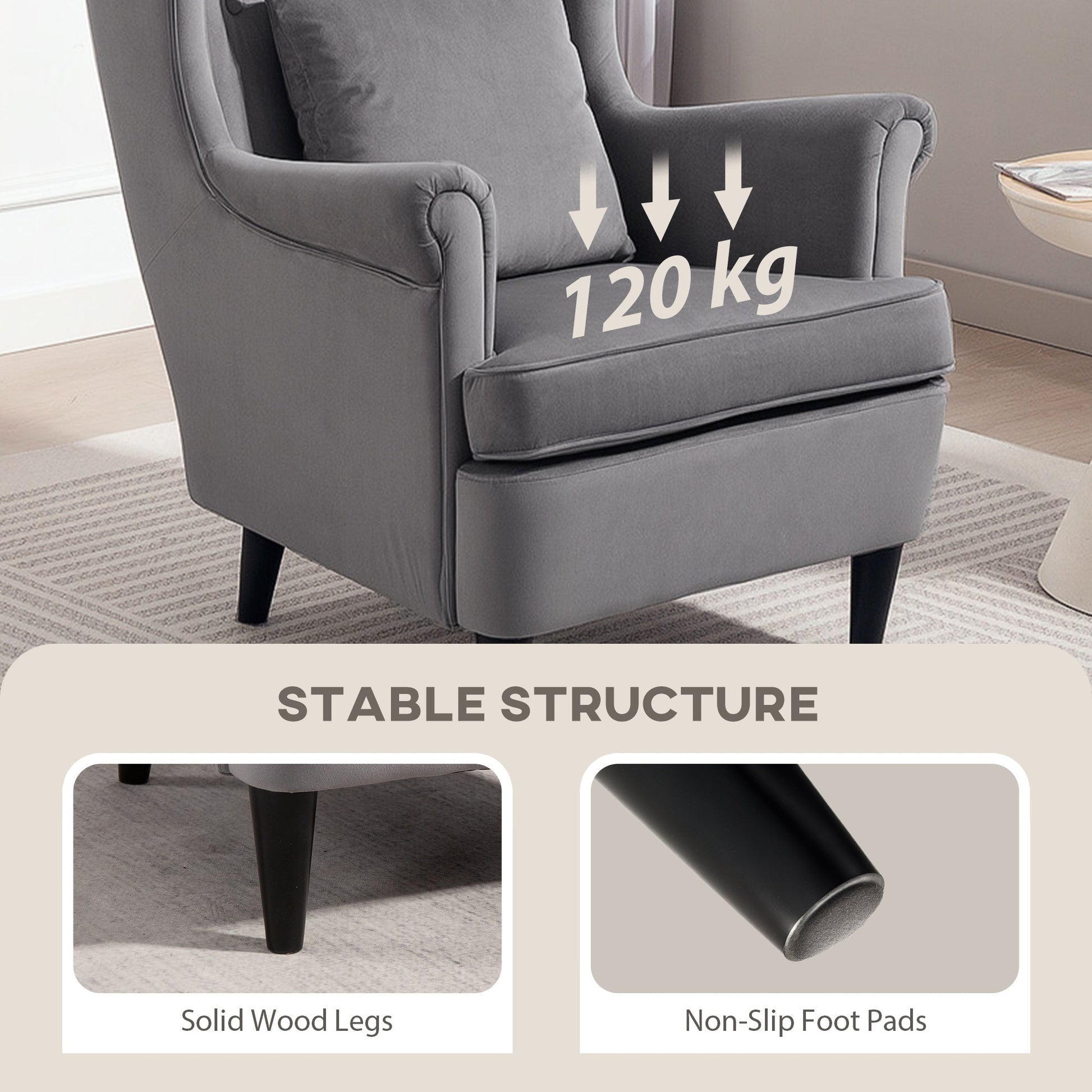 HOMCOM Modern Accent Chair, Upholstered Wingback Armchair with High Backrest and Pillow, Velvet-Feel Fabric Reading Chair with Solid Wood Legs for Living Room, Bedroom, Home Office, Dark Grey | Luxury Home Accessories | Heulog Glow