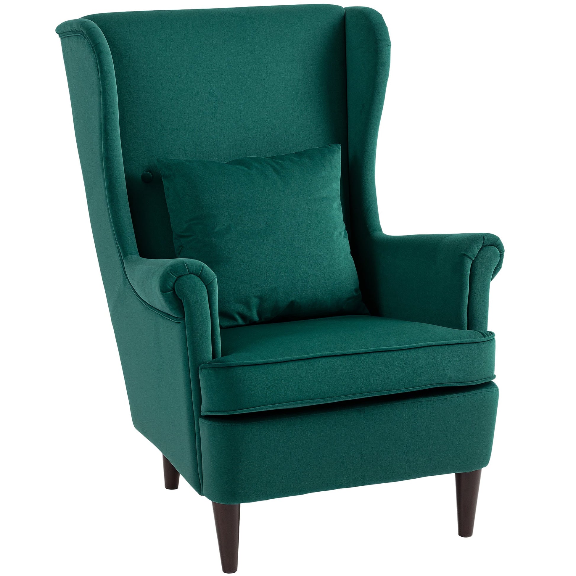 HOMCOM Modern Accent Chair, Upholstered Wingback Armchair with High Backrest and Pillow, Velvet-Feel Fabric Reading Chair with Solid Wood Legs for Living Room, Bedroom, Home Office, Dark Green | Luxury Home Accessories | Heulog Glow