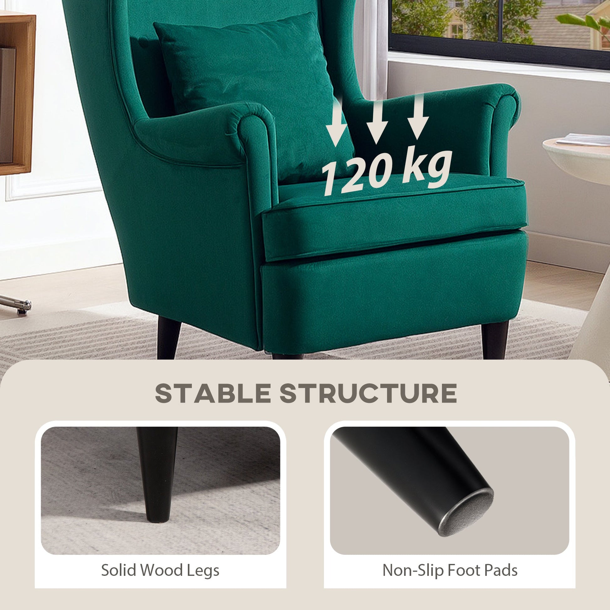 HOMCOM Modern Accent Chair, Upholstered Wingback Armchair with High Backrest and Pillow, Velvet-Feel Fabric Reading Chair with Solid Wood Legs for Living Room, Bedroom, Home Office, Dark Green | Luxury Home Accessories | Heulog Glow