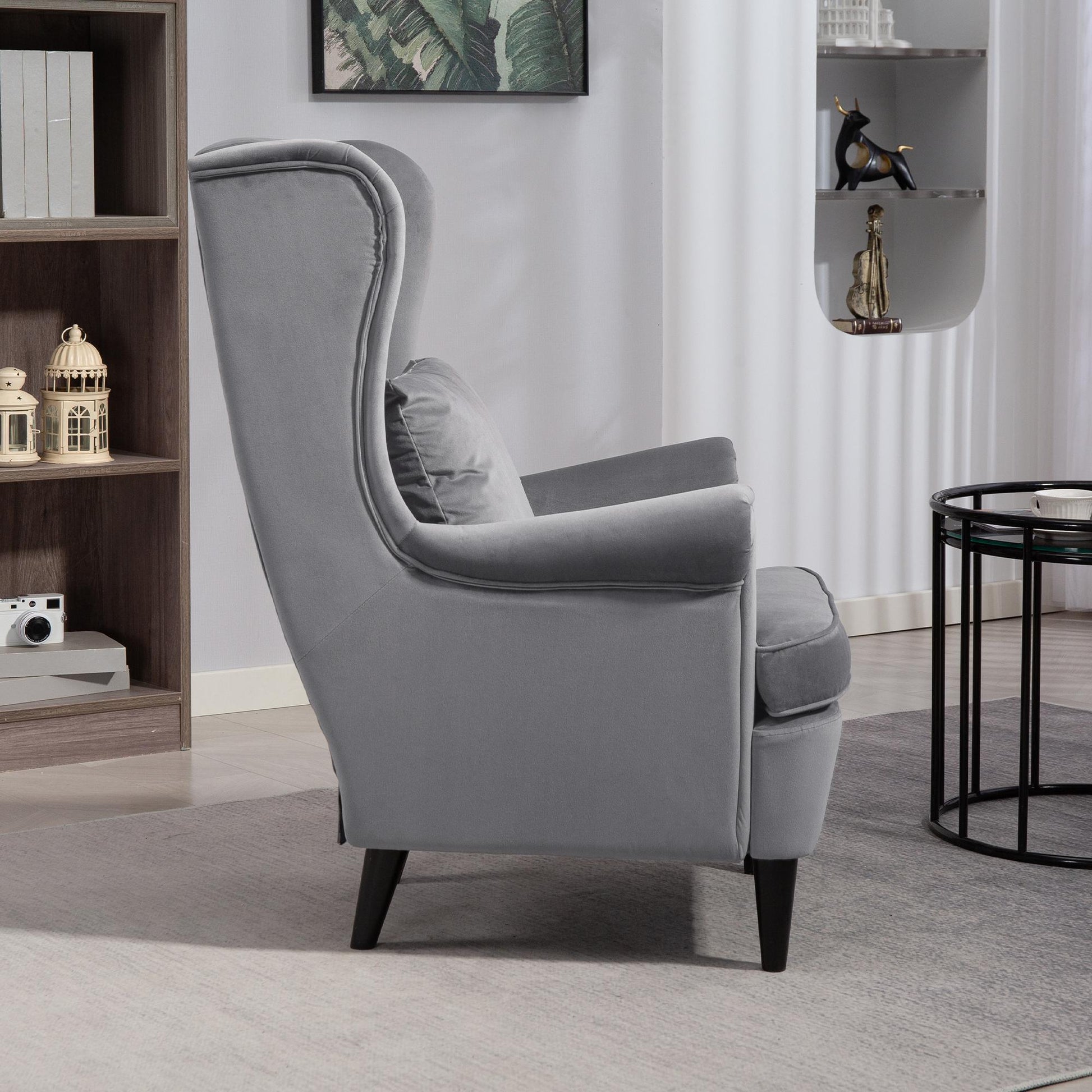 HOMCOM Modern Accent Chair, Upholstered Wingback Armchair with High Backrest and Pillow, Velvet-Feel Fabric Reading Chair with Solid Wood Legs for Living Room, Bedroom, Home Office, Dark Grey | Luxury Home Accessories | Heulog Glow