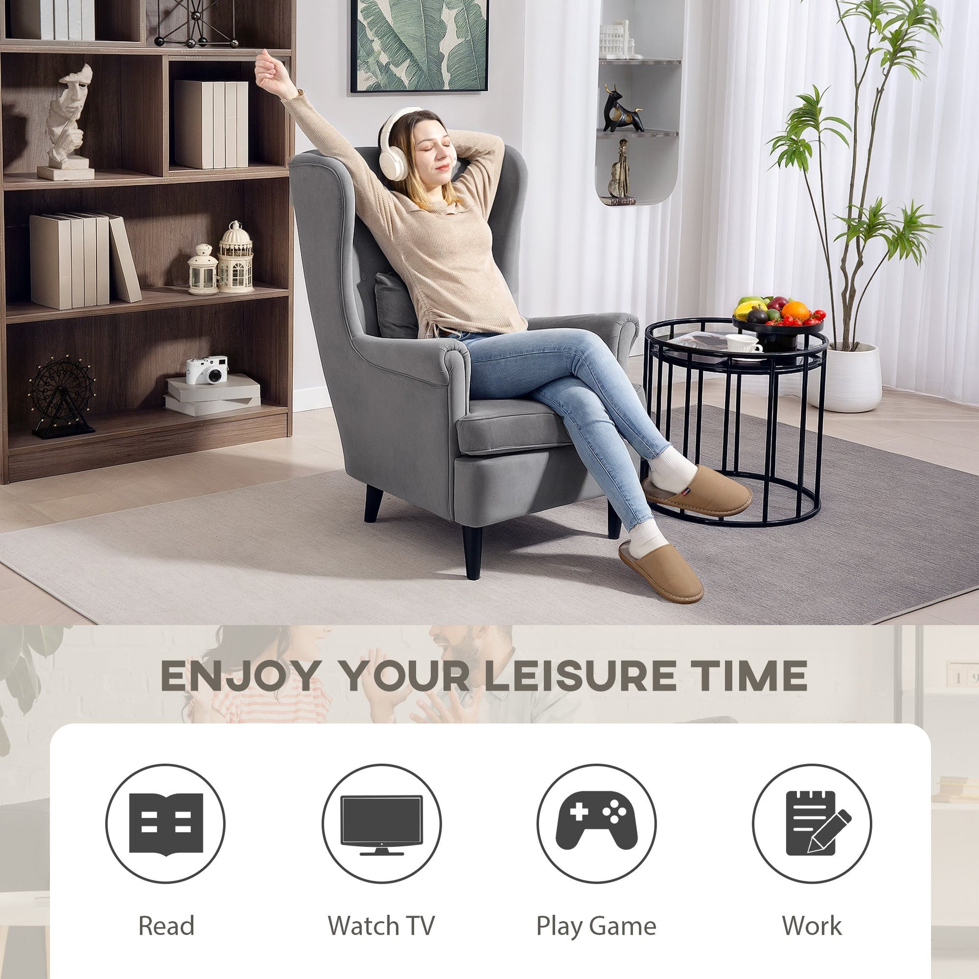 HOMCOM Modern Accent Chair, Upholstered Wingback Armchair with High Backrest and Pillow, Velvet-Feel Fabric Reading Chair with Solid Wood Legs for Living Room, Bedroom, Home Office, Dark Grey | Luxury Home Accessories | Heulog Glow