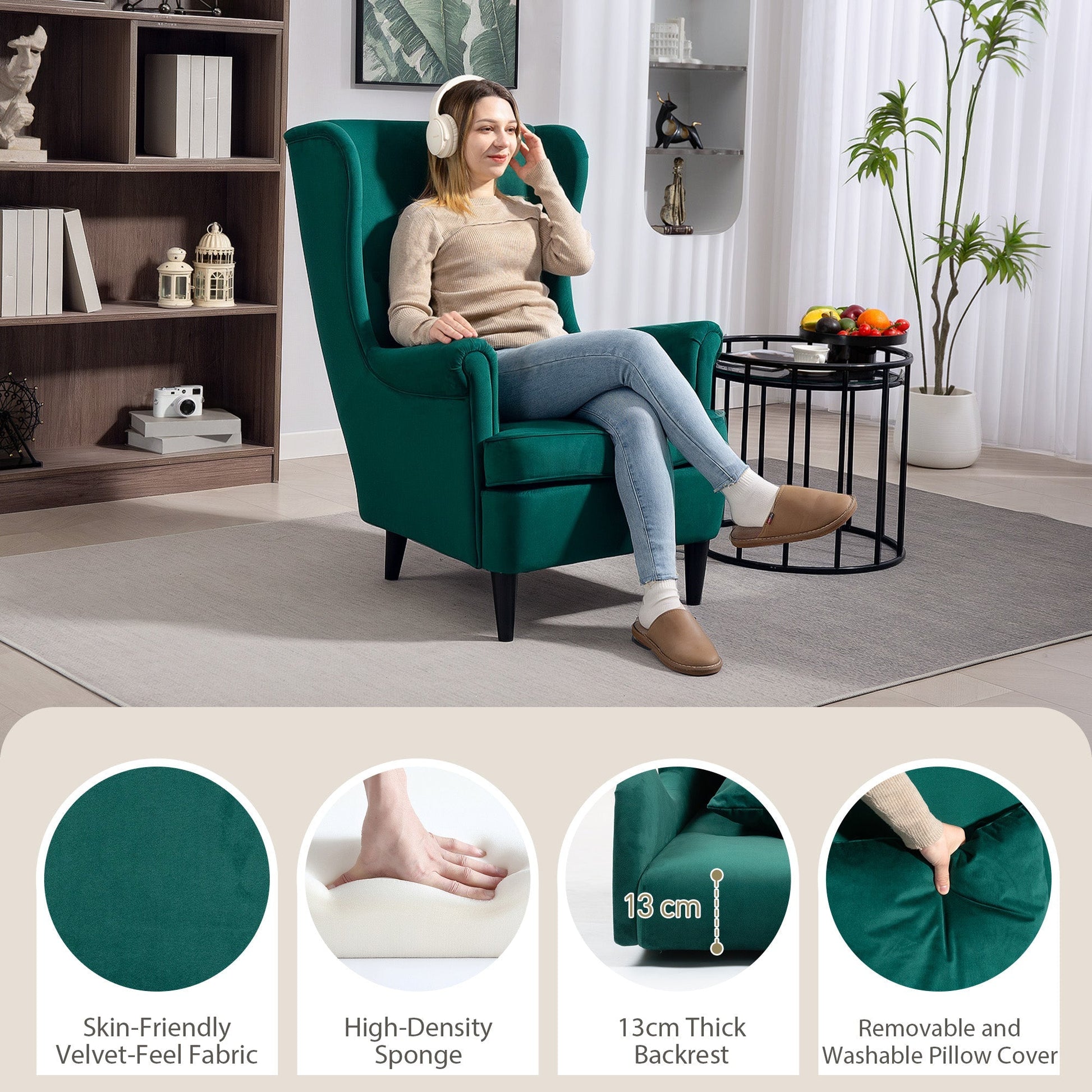HOMCOM Modern Accent Chair, Upholstered Wingback Armchair with High Backrest and Pillow, Velvet-Feel Fabric Reading Chair with Solid Wood Legs for Living Room, Bedroom, Home Office, Dark Green | Luxury Home Accessories | Heulog Glow