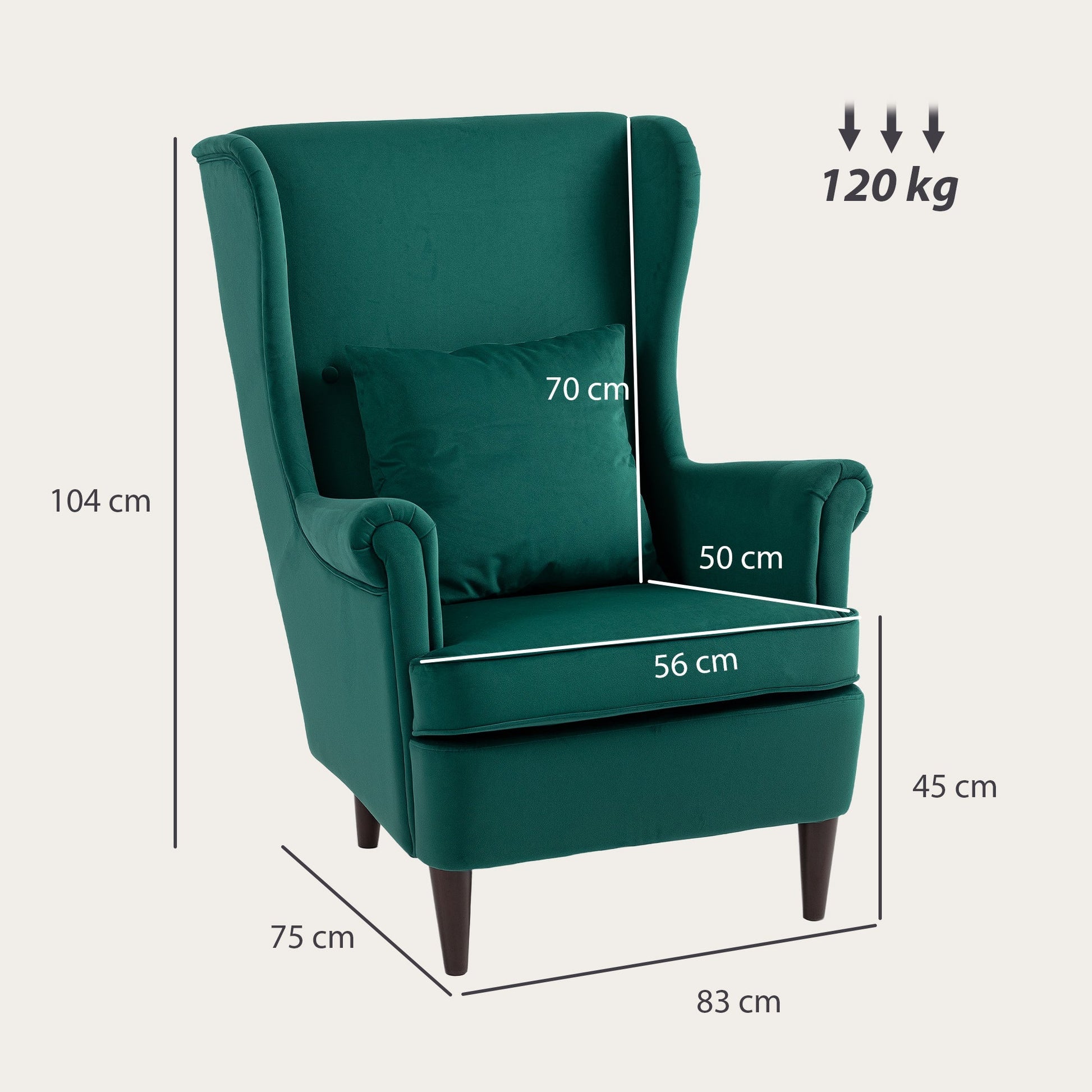 HOMCOM Modern Accent Chair, Upholstered Wingback Armchair with High Backrest and Pillow, Velvet-Feel Fabric Reading Chair with Solid Wood Legs for Living Room, Bedroom, Home Office, Dark Green | Luxury Home Accessories | Heulog Glow