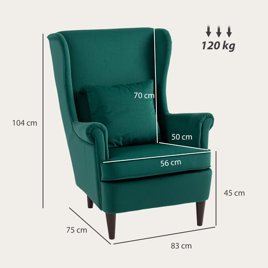 HOMCOM Modern Accent Chair, Upholstered Wingback Armchair with High Backrest and Pillow, Velvet-Feel Fabric Reading Chair with Solid Wood Legs for Living Room, Bedroom, Home Office, Dark Green | Luxury Home Accessories | Heulog Glow