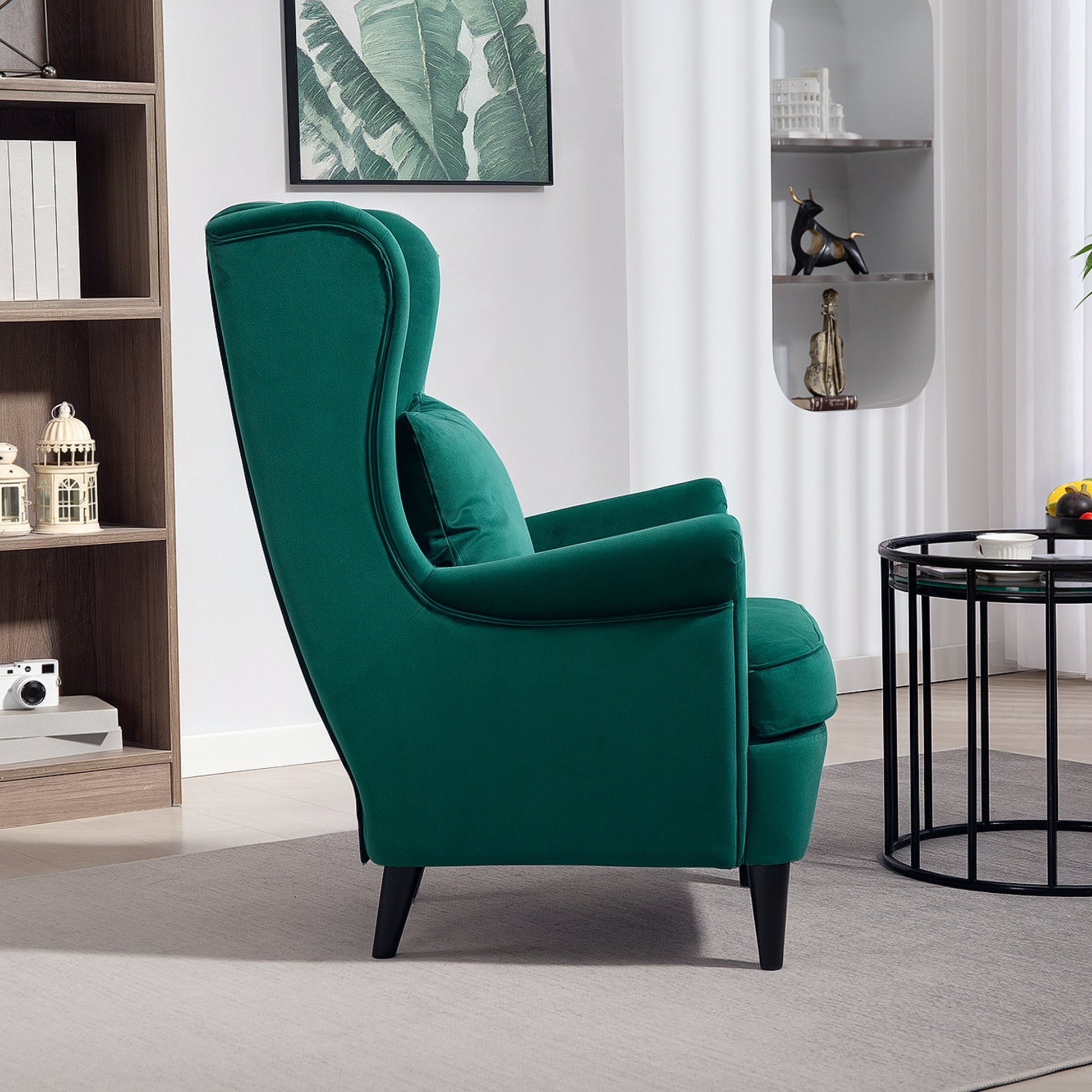HOMCOM Modern Accent Chair, Upholstered Wingback Armchair with High Backrest and Pillow, Velvet-Feel Fabric Reading Chair with Solid Wood Legs for Living Room, Bedroom, Home Office, Dark Green | Luxury Home Accessories | Heulog Glow