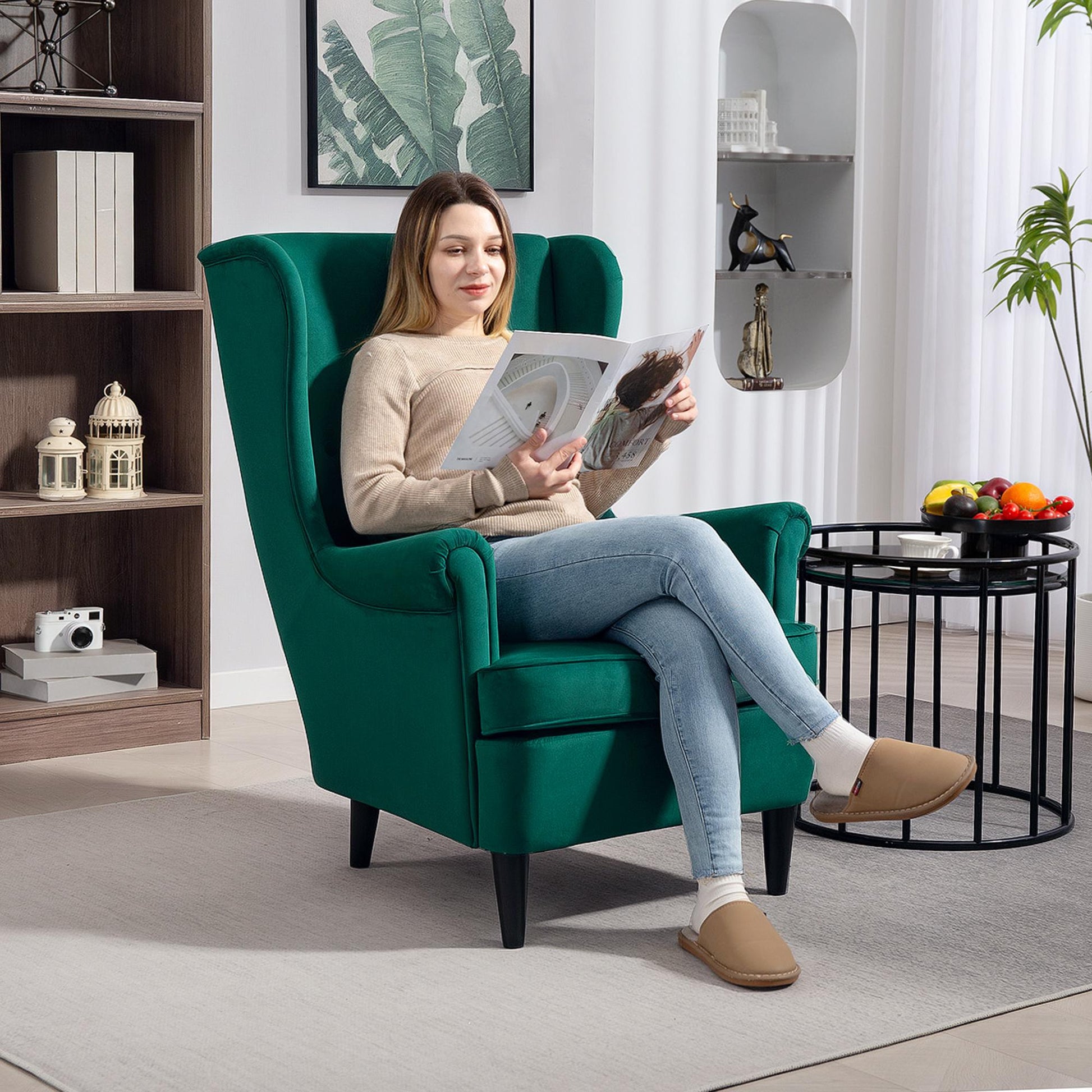HOMCOM Modern Accent Chair, Upholstered Wingback Armchair with High Backrest and Pillow, Velvet-Feel Fabric Reading Chair with Solid Wood Legs for Living Room, Bedroom, Home Office, Dark Green | Luxury Home Accessories | Heulog Glow