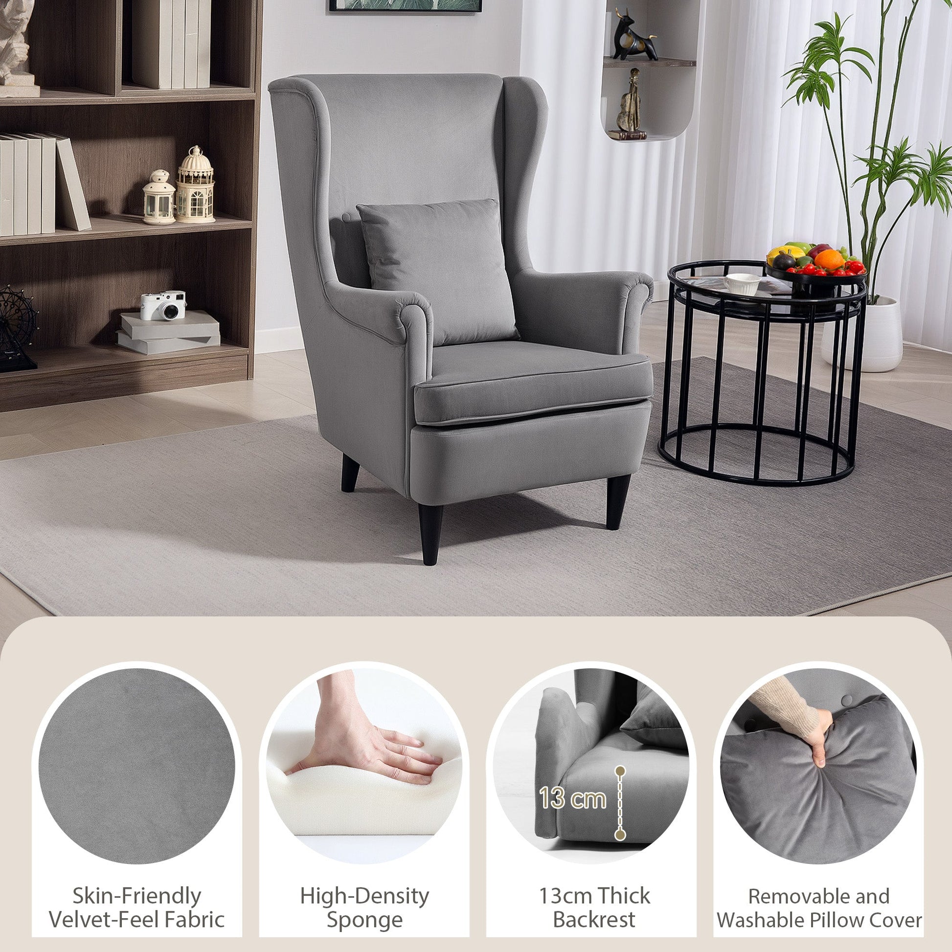 HOMCOM Modern Accent Chair, Upholstered Wingback Armchair with High Backrest and Pillow, Velvet-Feel Fabric Reading Chair with Solid Wood Legs for Living Room, Bedroom, Home Office, Dark Grey | Luxury Home Accessories | Heulog Glow