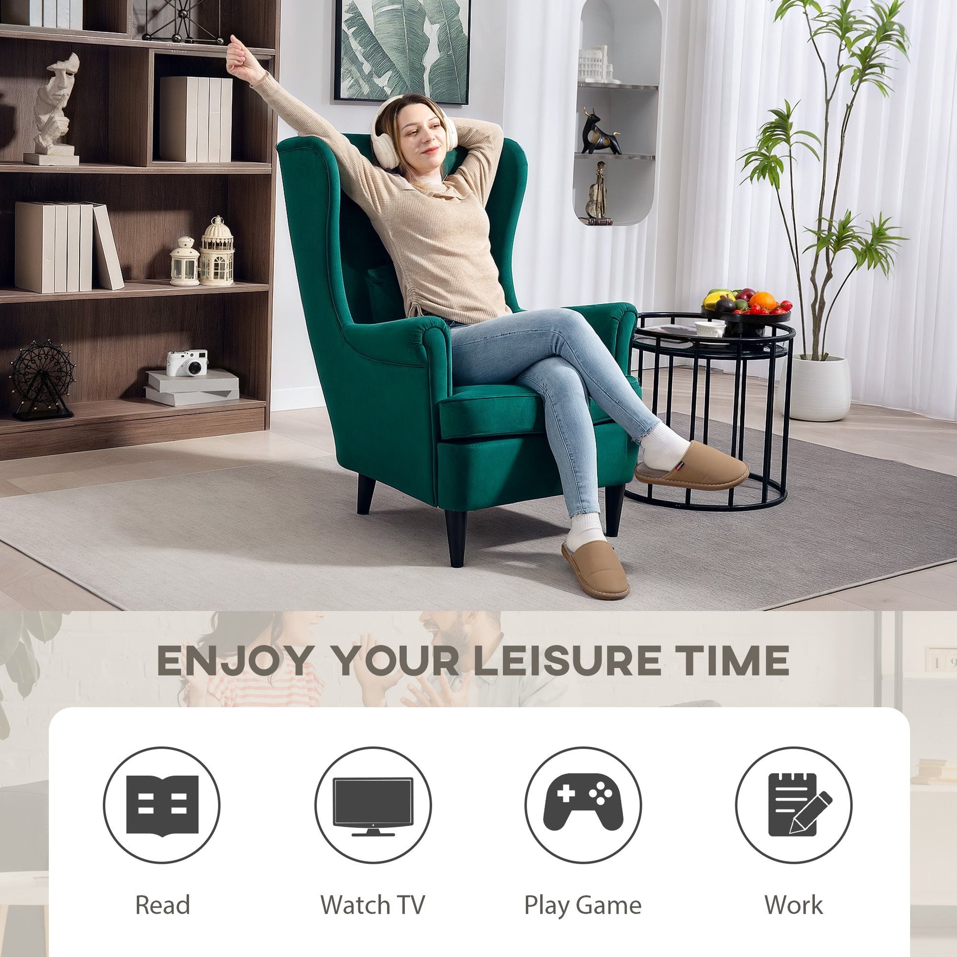 HOMCOM Modern Accent Chair, Upholstered Wingback Armchair with High Backrest and Pillow, Velvet-Feel Fabric Reading Chair with Solid Wood Legs for Living Room, Bedroom, Home Office, Dark Green | Luxury Home Accessories | Heulog Glow