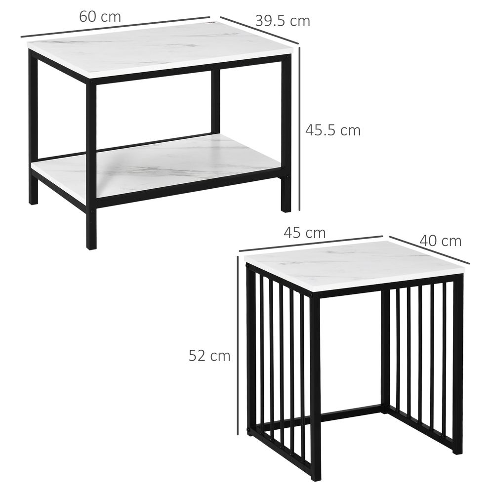 HOMCOM Modern Coffee Table Set of Two, Marble-Effect Nesting Side Tables with Steel Frame for Living Room, White and Black | Luxury Home Accessories | Heulog Glow
