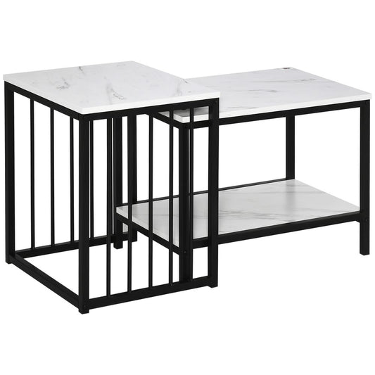 HOMCOM Modern Coffee Table Set of Two, Marble-Effect Nesting Side Tables with Steel Frame for Living Room, White and Black | Luxury Home Accessories | Heulog Glow