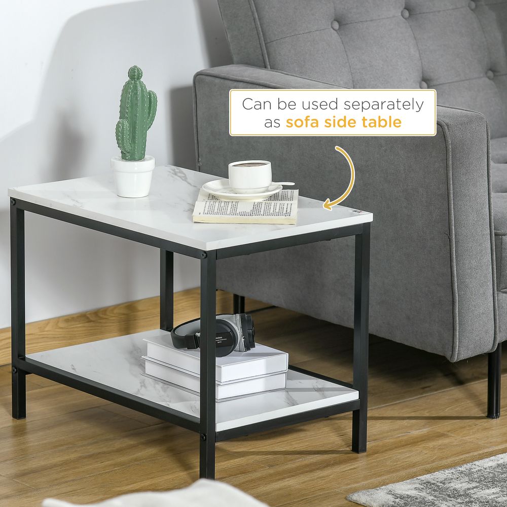 HOMCOM Modern Coffee Table Set of Two, Marble-Effect Nesting Side Tables with Steel Frame for Living Room, White and Black | Luxury Home Accessories | Heulog Glow