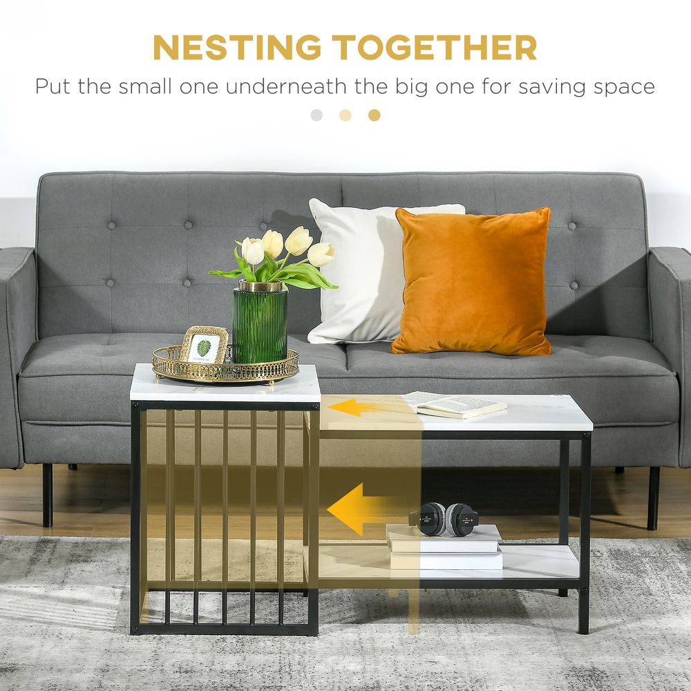 HOMCOM Modern Coffee Table Set of Two, Marble-Effect Nesting Side Tables with Steel Frame for Living Room, White and Black | Luxury Home Accessories | Heulog Glow