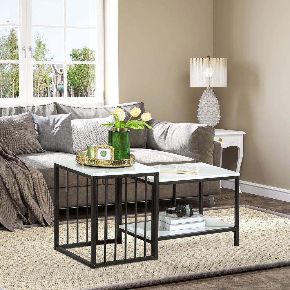 HOMCOM Modern Coffee Table Set of Two, Marble-Effect Nesting Side Tables with Steel Frame for Living Room, White and Black | Luxury Home Accessories | Heulog Glow