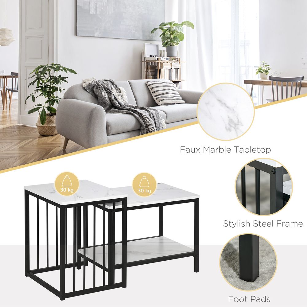 HOMCOM Modern Coffee Table Set of Two, Marble-Effect Nesting Side Tables with Steel Frame for Living Room, White and Black | Luxury Home Accessories | Heulog Glow