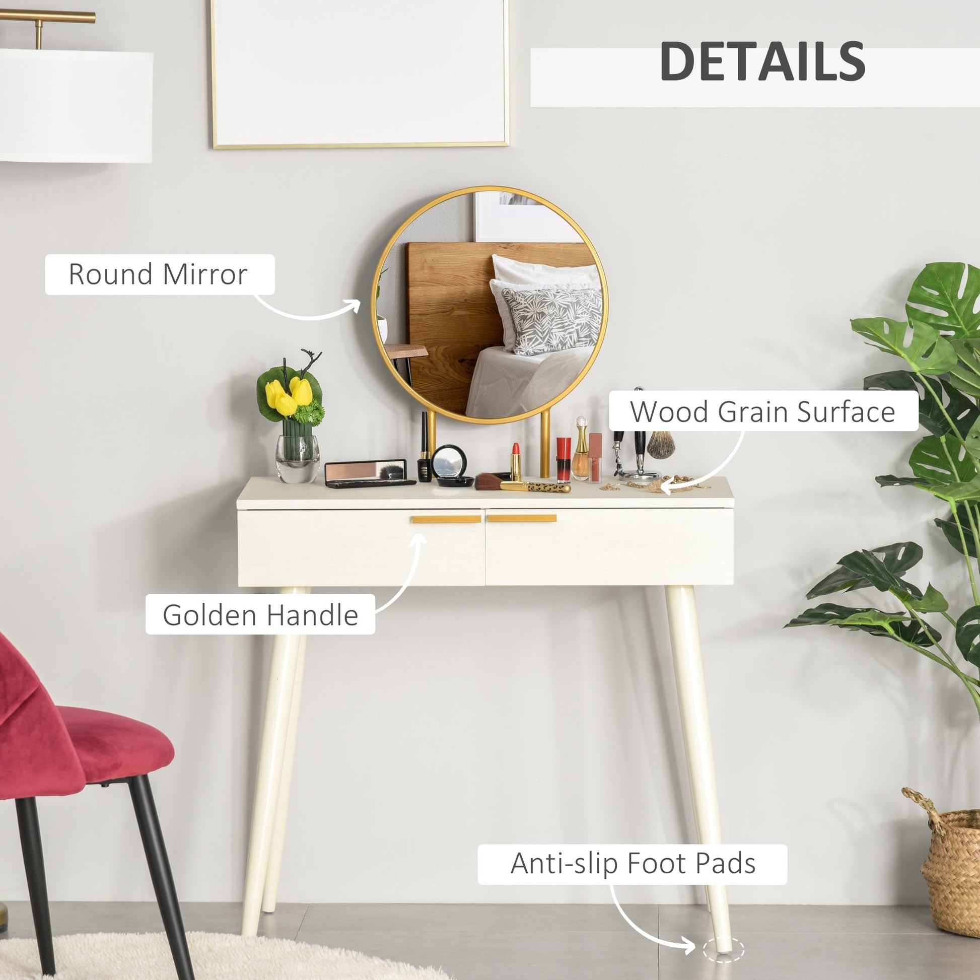 HOMCOM Modern Dressing Table with Round Mirror, Makeup Vanity Table with 2 Drawers for Bedroom, Living Room, White | Luxury Home Accessories | Heulog Glow