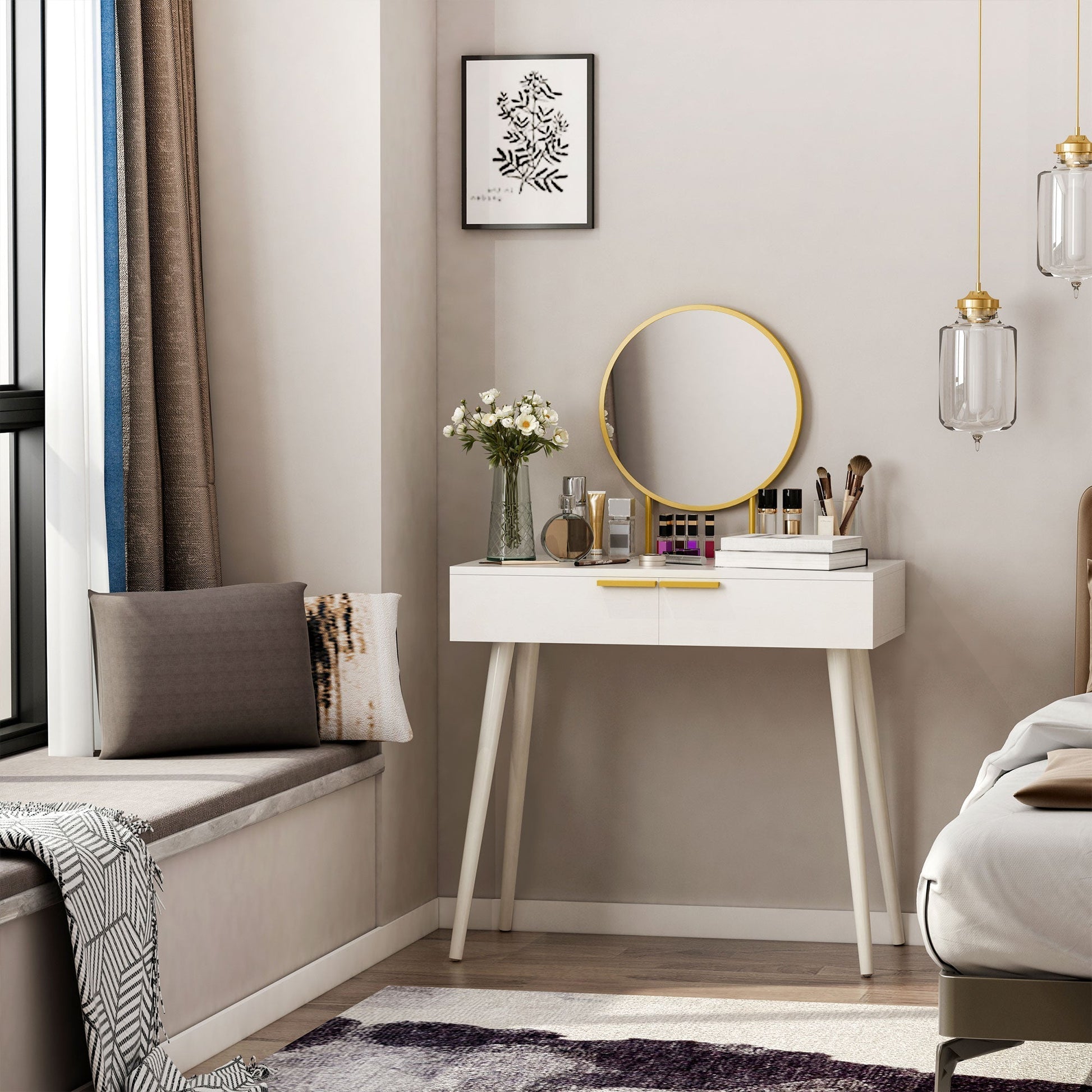 HOMCOM Modern Dressing Table with Round Mirror, Makeup Vanity Table with 2 Drawers for Bedroom, Living Room, White | Luxury Home Accessories | Heulog Glow